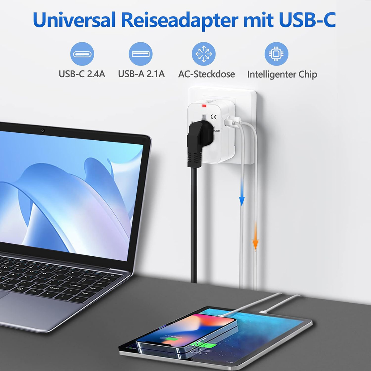 Laptop, Tablet und Adapter mit Ladekabeln. Text: Universal Reiseadapter mit USB-C.