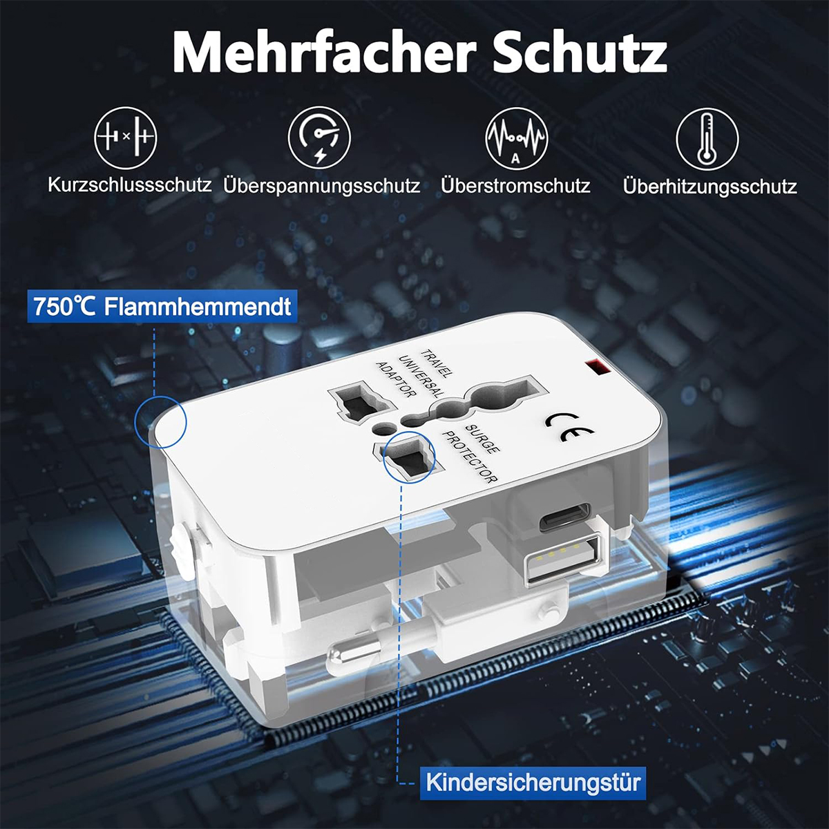 Ein weißer Adapter mit mehreren Sicherheitsmerkmalen und einem USB-Anschluss.