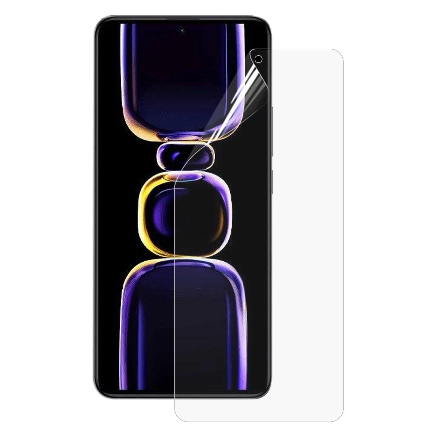 Uno smartphone con una protezione per lo schermo in applicazione. Sfondo bianco.
