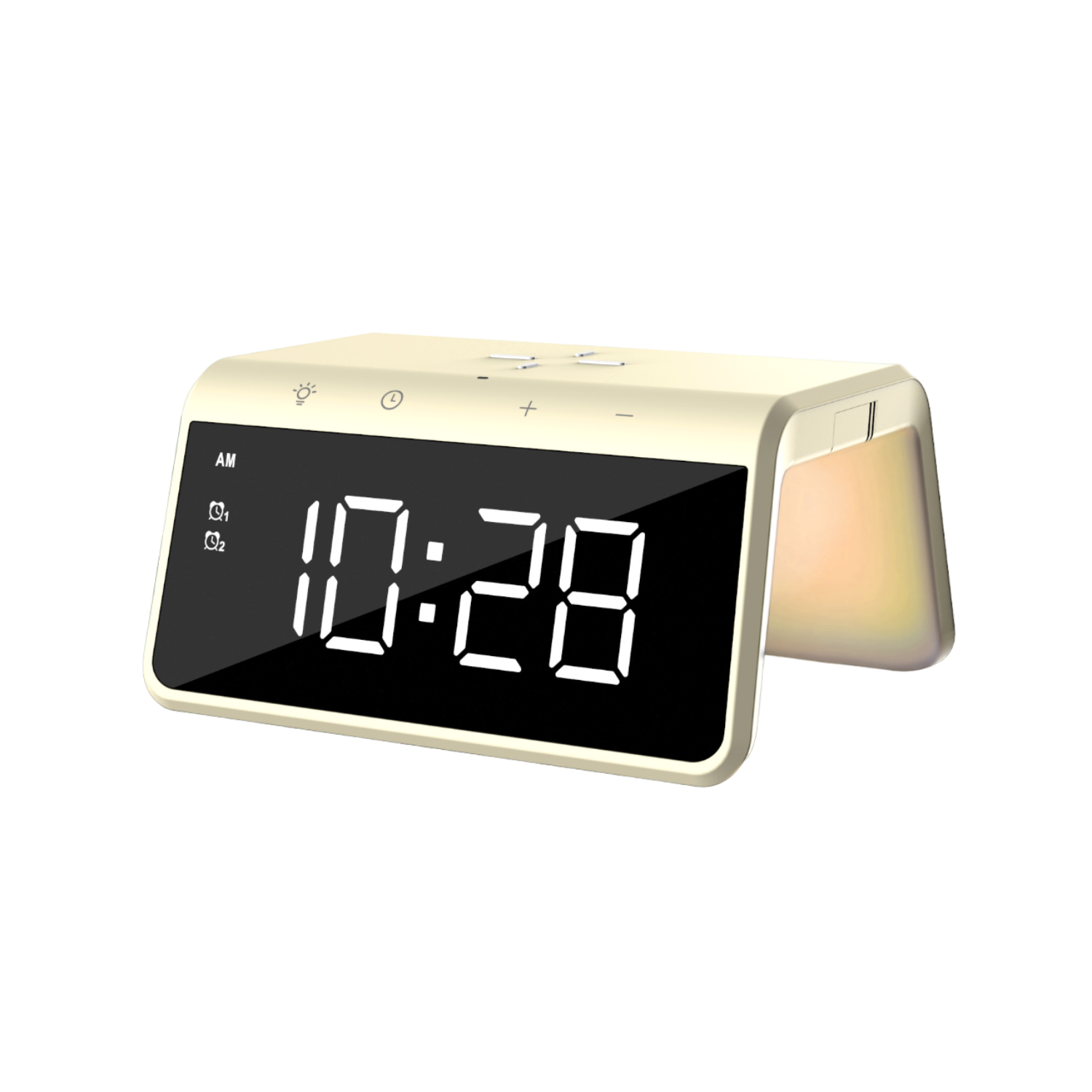 White and beige digital alarm clock; digital display with time, isolated on a black surface.