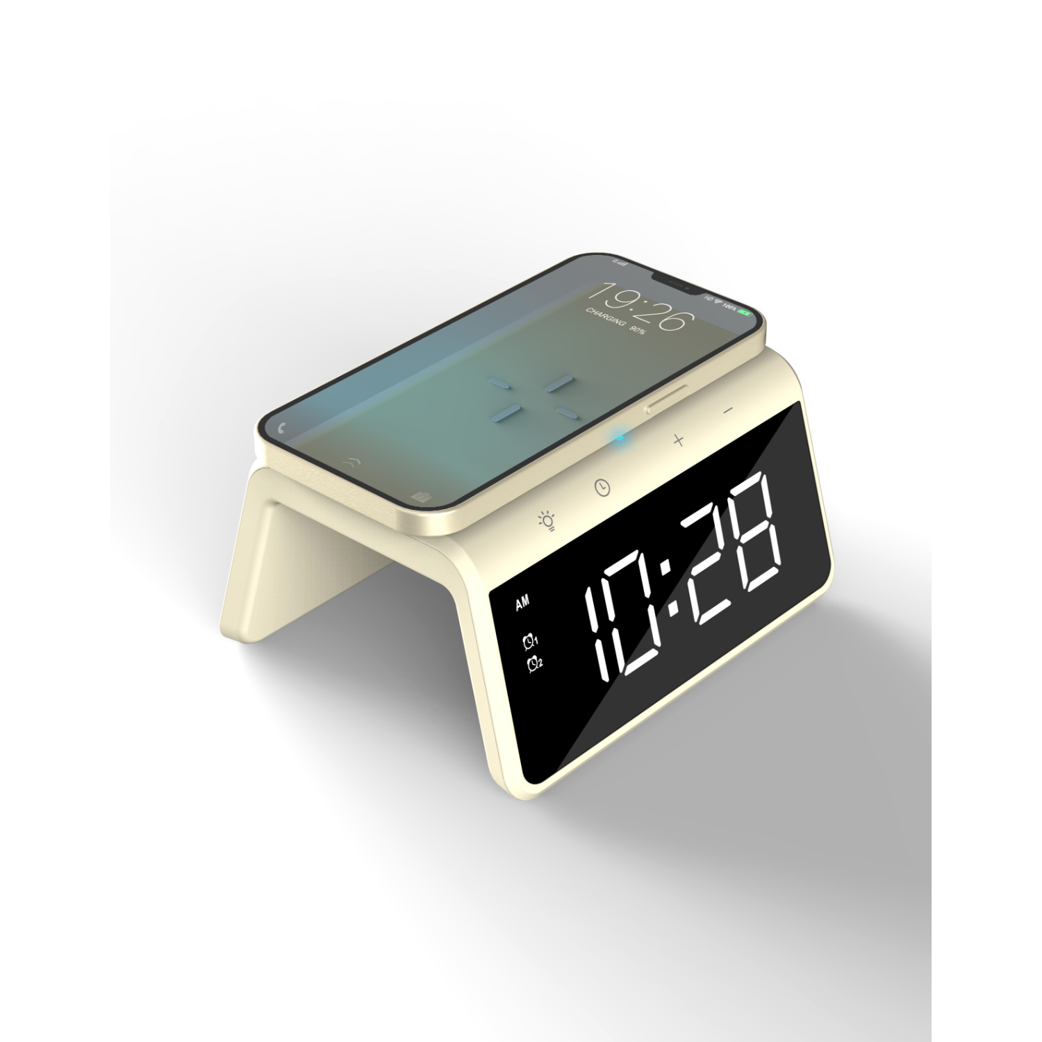 A white digital clock with a phone on top. The phone screen displays the time.