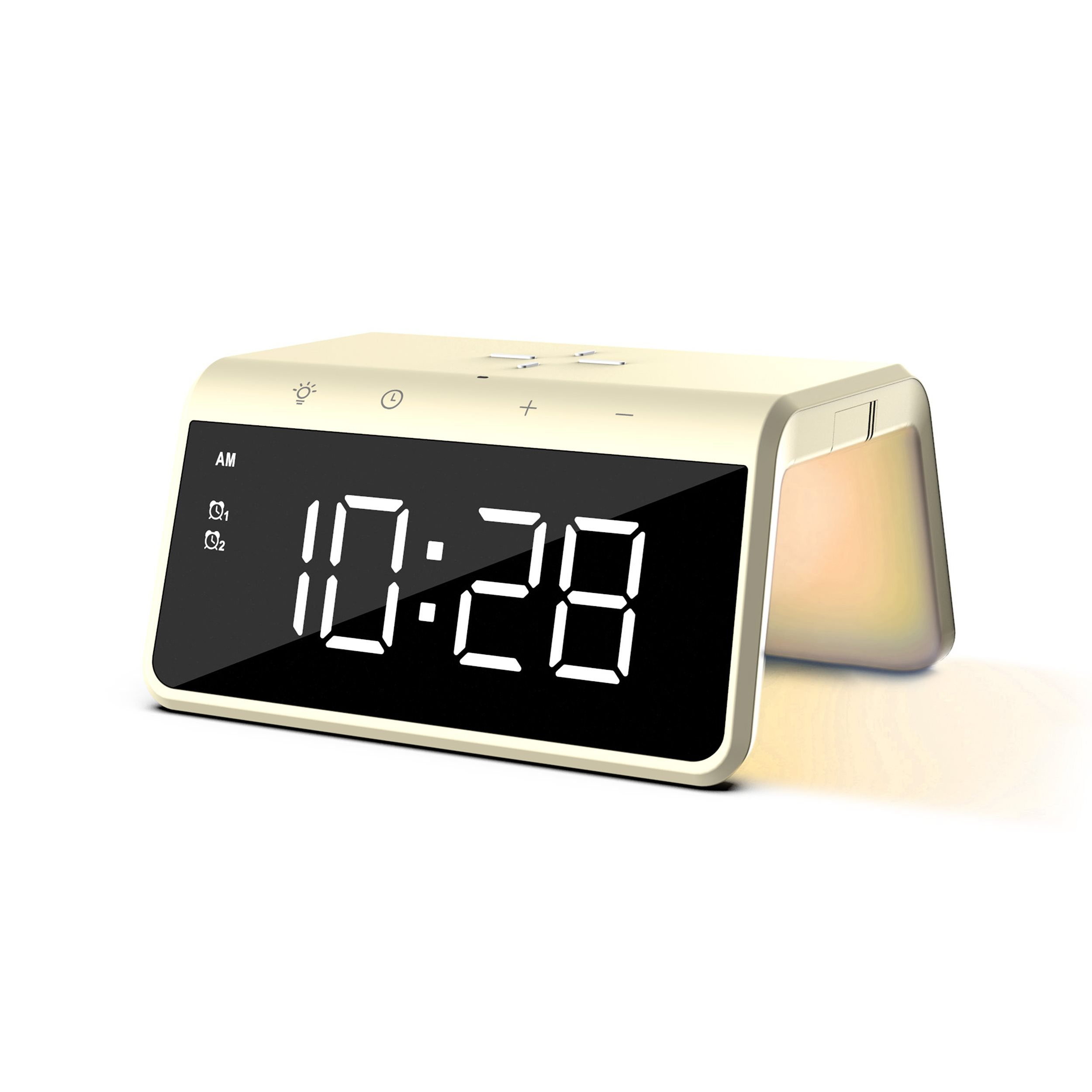 Cream-colored digital alarm clock displaying 10:28. A light shines from the side.