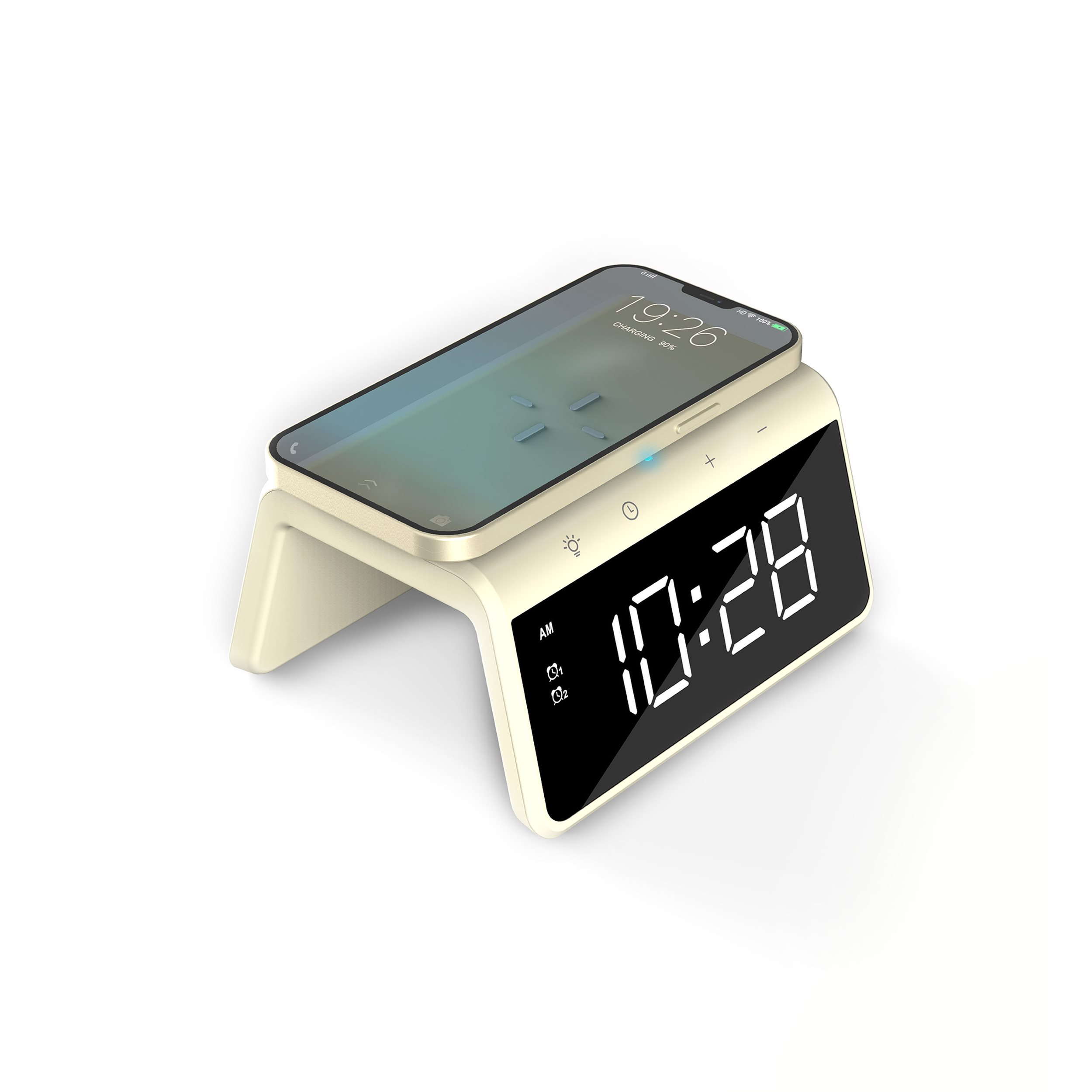 A phone charging on a cream-colored bedside alarm clock.