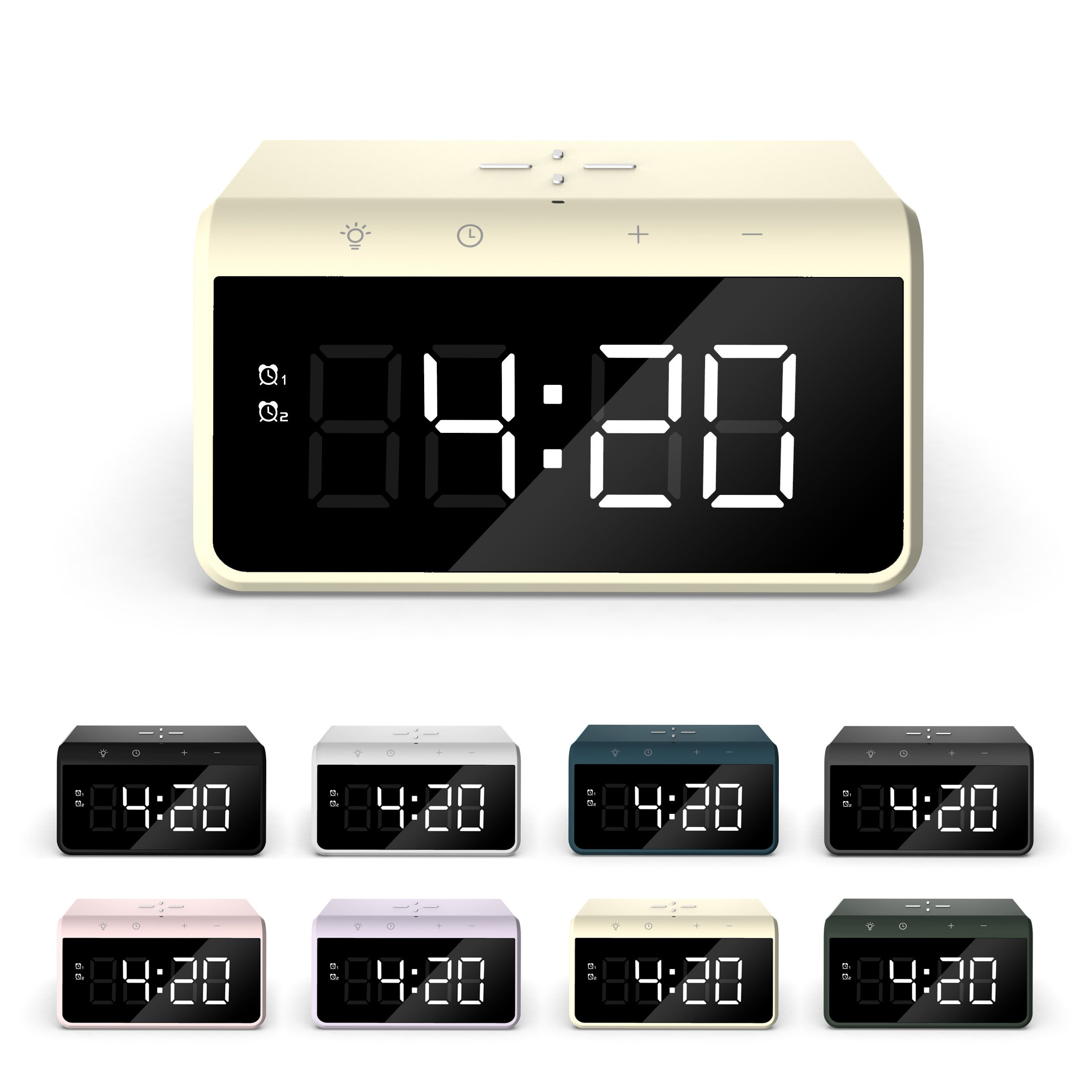 Digital alarm clock displaying 4:20 with multiple color variations on a white background.