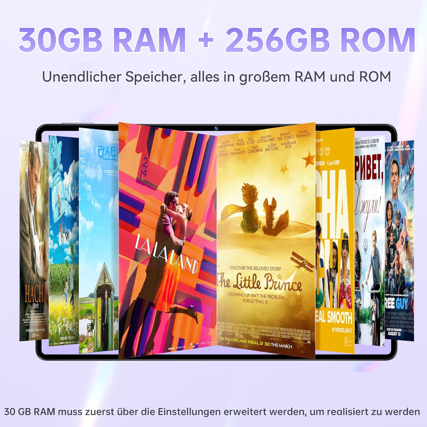Tablet mit Filmplakaten auf dem Bildschirm, Text: "30GB RAM + 256GB ROM", plus deutscher Text.