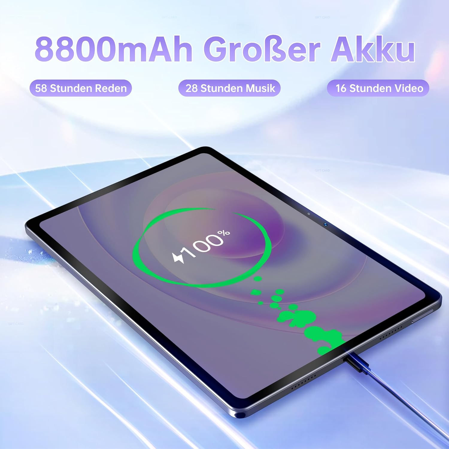 Tablet mit 100 % Ladung. Es hat einen großen Bildschirm und Text oben zur Akkulaufzeit.