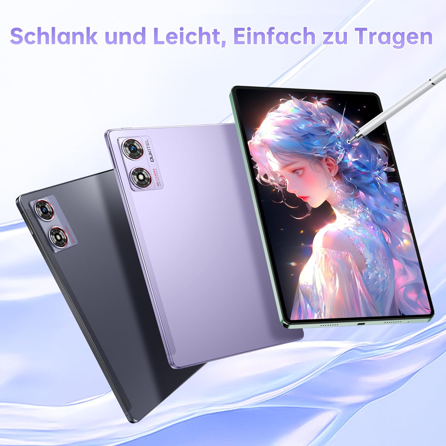 Tablets in Grau, Lila und Grün mit Stift, mit Text darüber.