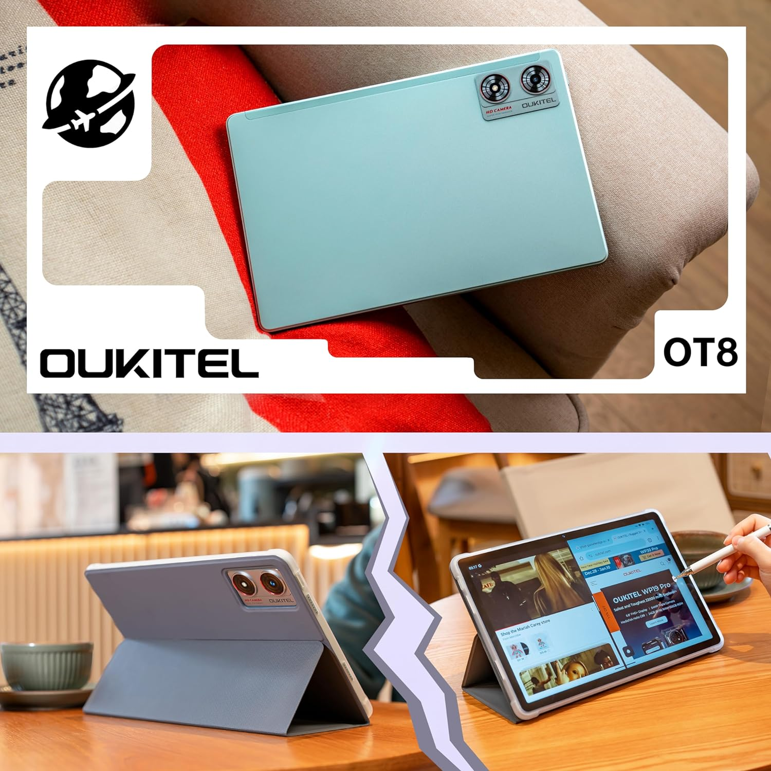 Tablet mit Dual-Kameras, auf roter Oberfläche und Tisch. "OUKITEL OT8"-Branding sichtbar.