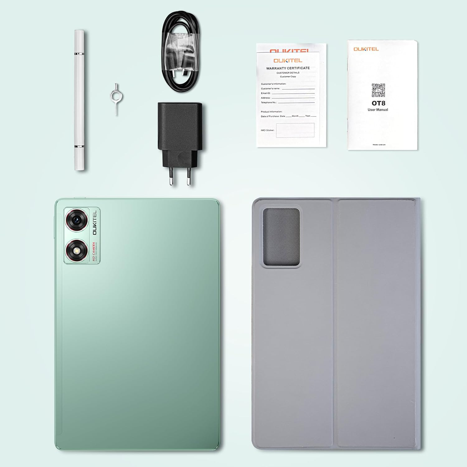 Tablet, Ladegerät, Kabel, Benutzerhandbuch und Stift.