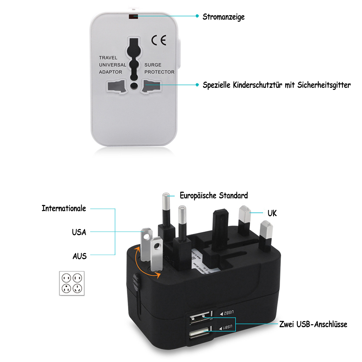 Ein Reiseadapter mit verschiedenen Steckertypen für USA, AUS, UK. Er hat USB-Anschlüsse und Sicherheitsfunktionen.