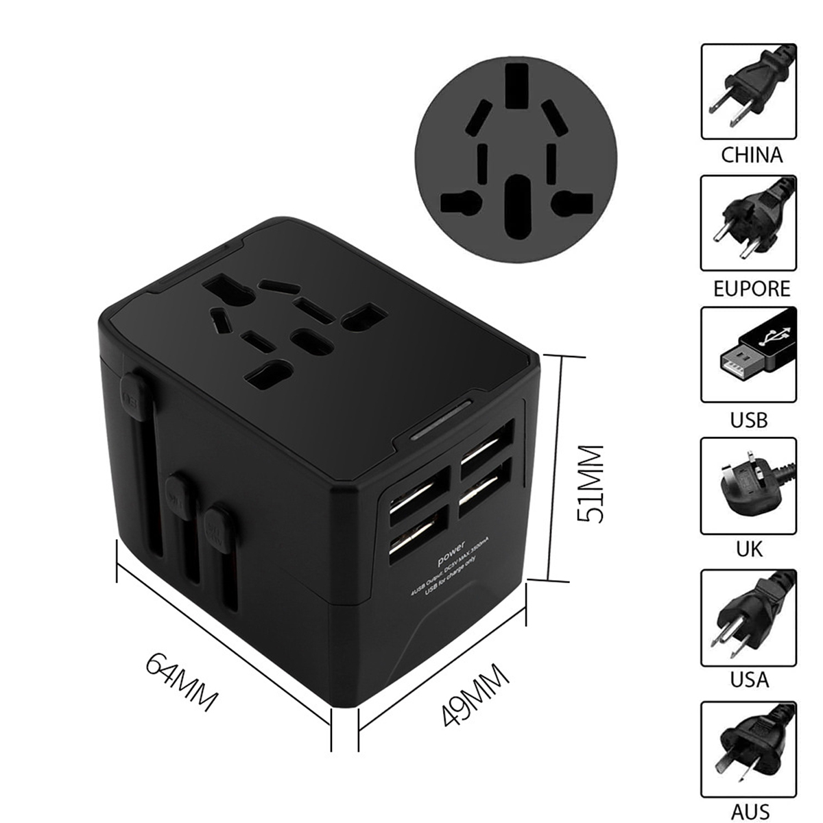 Ein schwarzer Reiseadapter mit mehreren Steckertypen und USB-Anschlüssen, mit Abmessungen und Steckersymbolen.