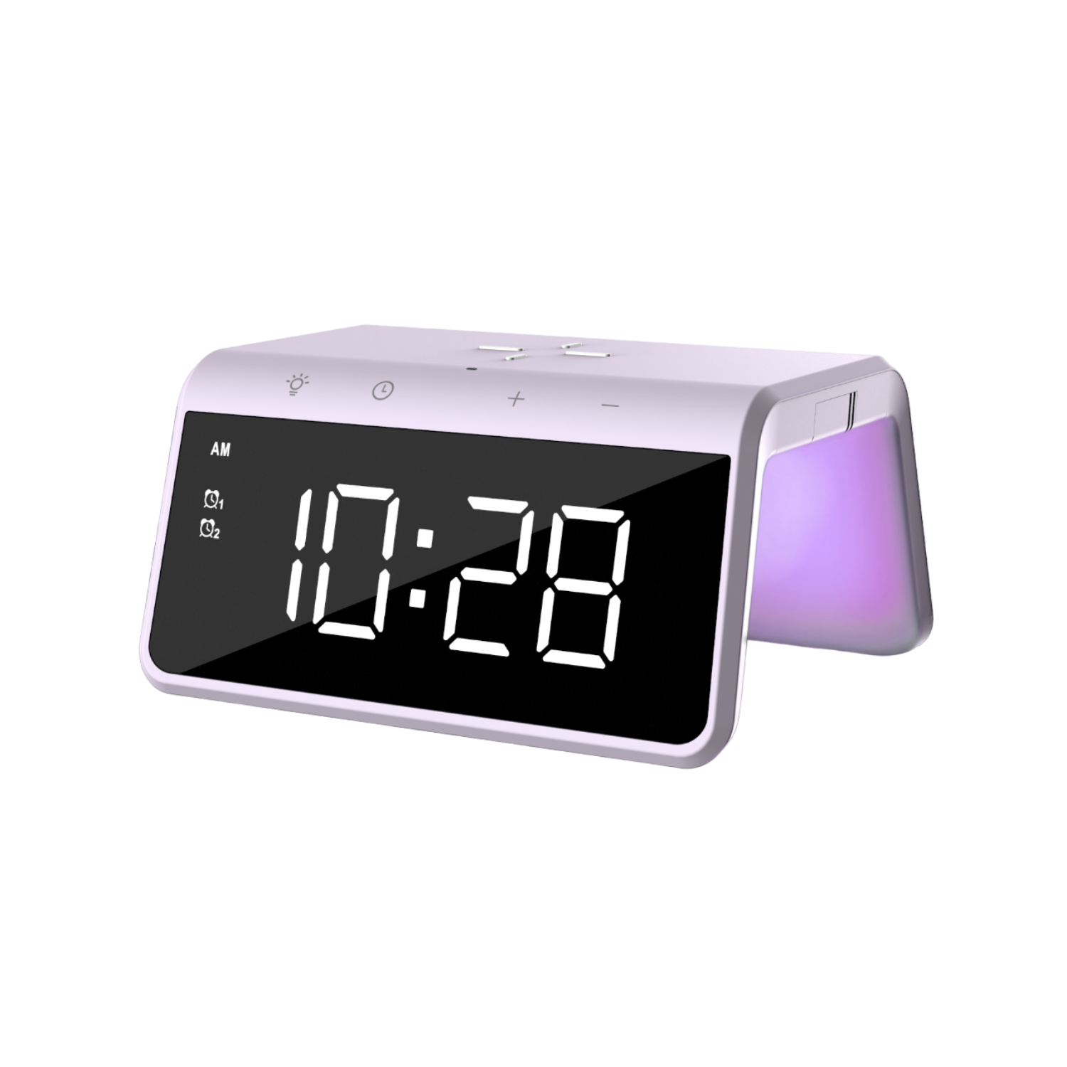 White digital alarm clock. Displays the time and has buttons. Purple light at the side.