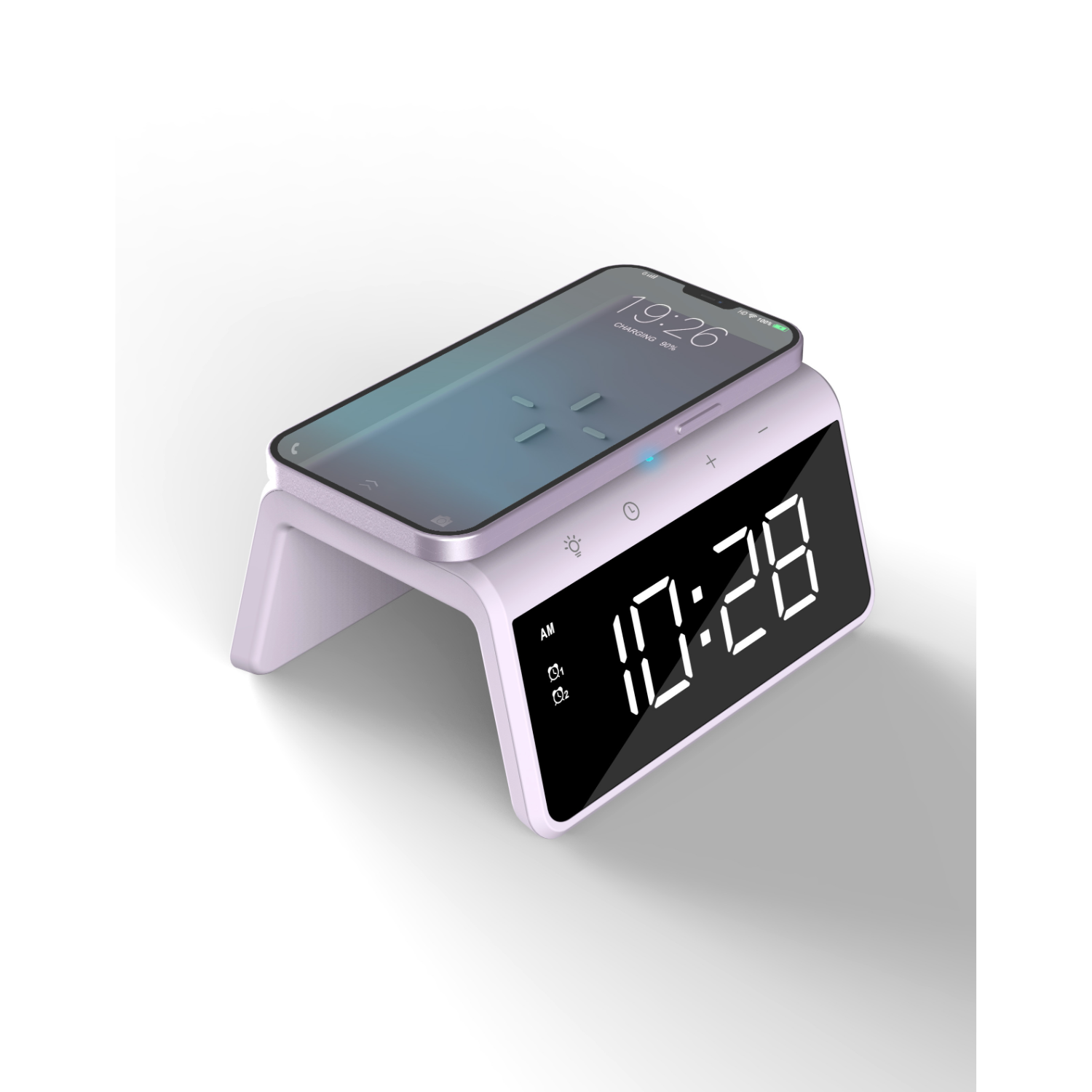 White digital clock with a smartphone on top, on a white background.