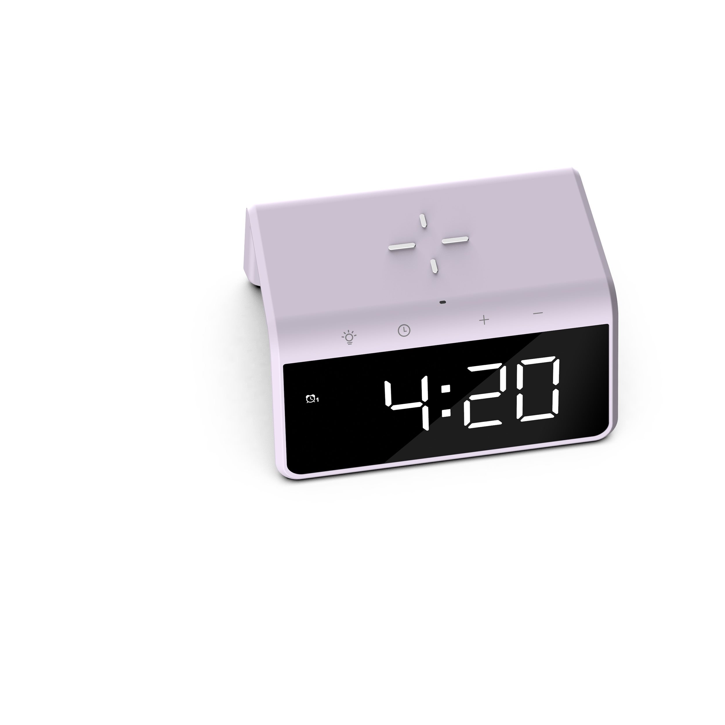 White and lilac digital clock showing 4:20. It has touch buttons on top.
