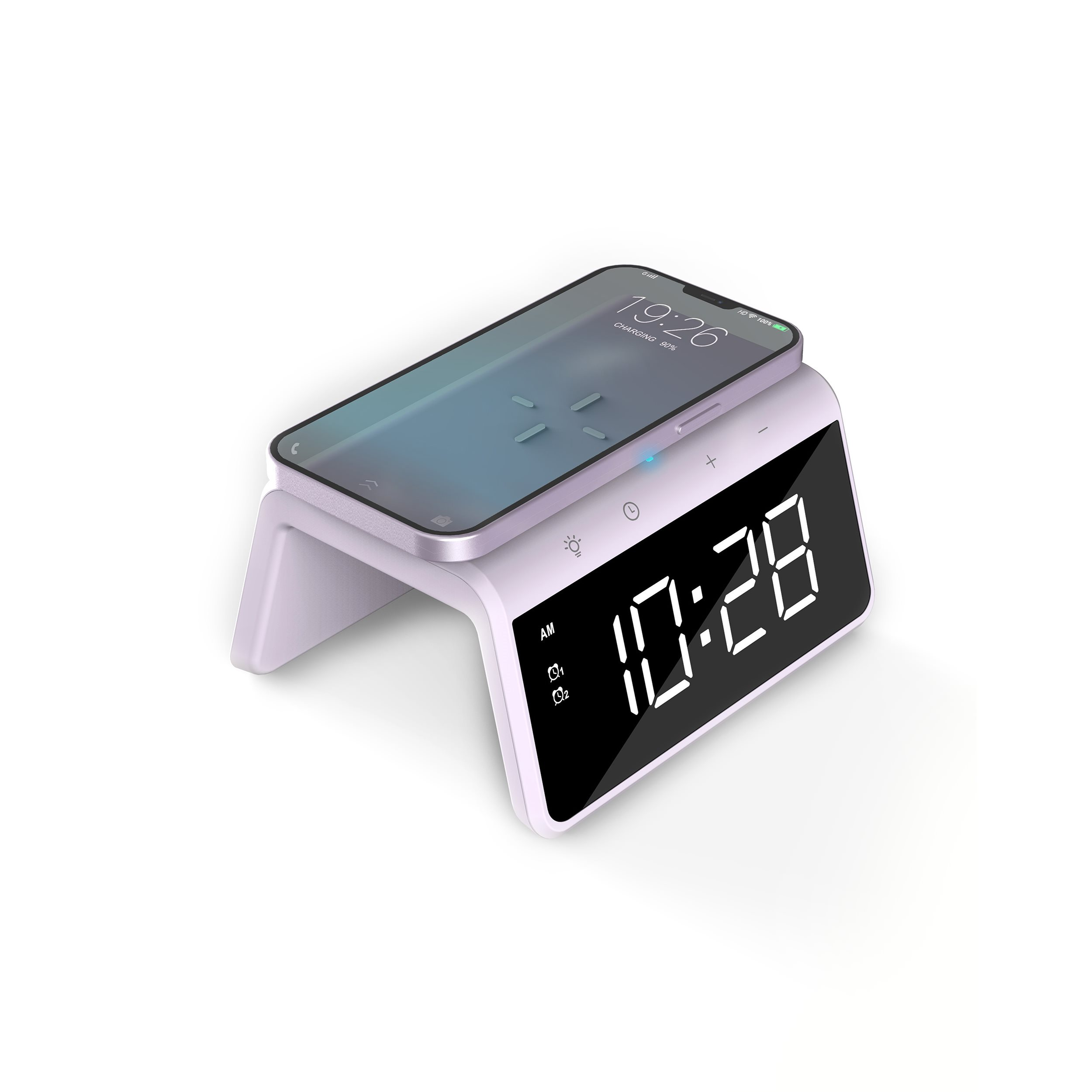 White and purple alarm clock with phone on top. Displays time 10:28.