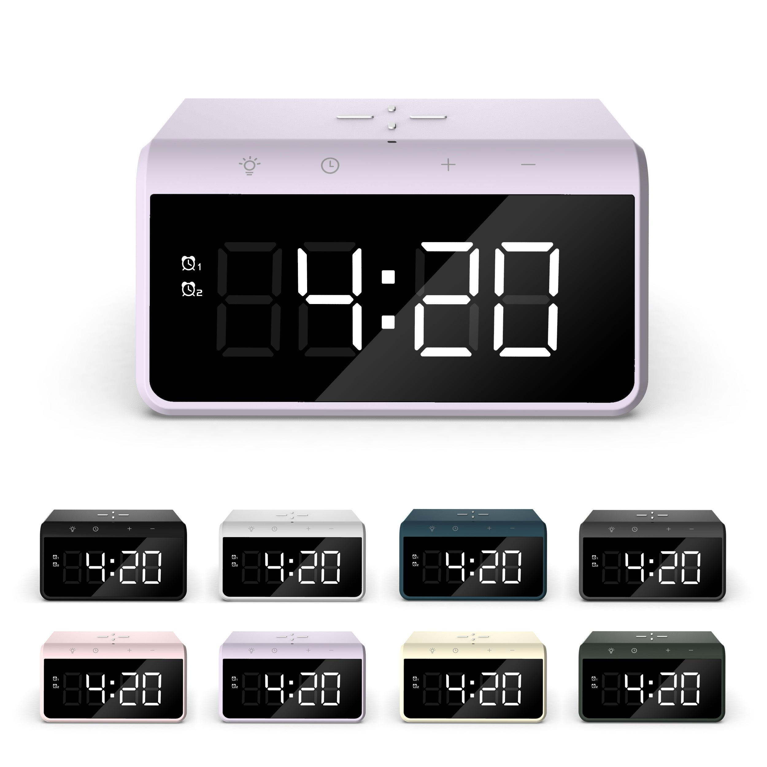 White digital alarm clock displaying 4:20. Various colored clocks are shown in the background.