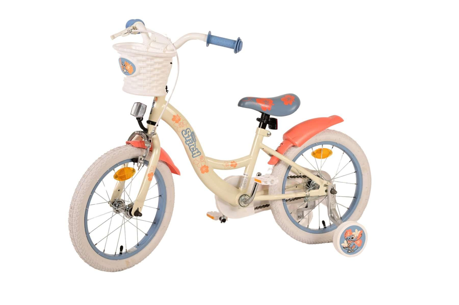 Cremefarbenes Kinderfahrrad mit Stützrädern und Stitch-Motiv, weiße Reifen.