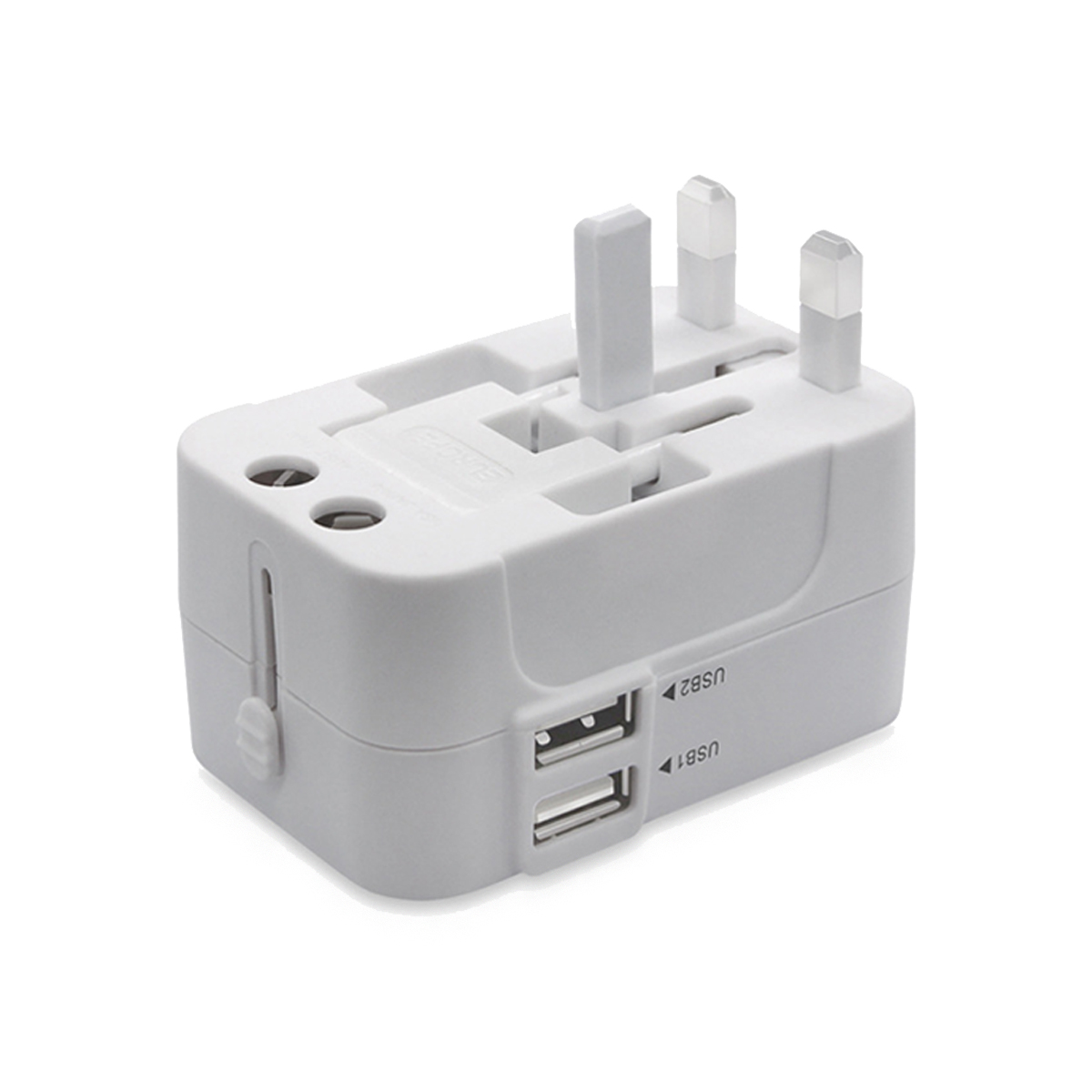 Weiß-grauer Reiseadapter. Hat Stifte, USB-Anschlüsse und einen Schieber für verschiedene Stecker.