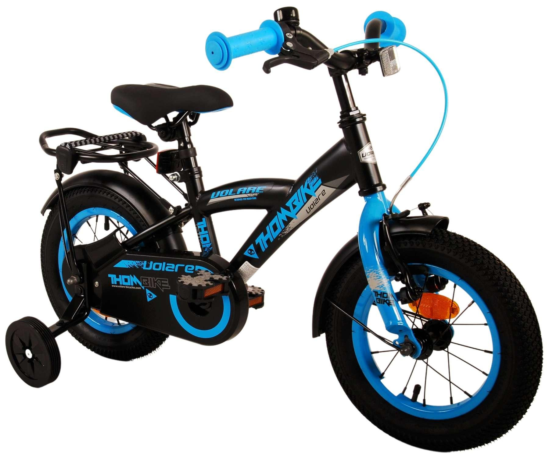 Blaues und schwarzes Volare Thonbike mit Stützrädern und blauen Akzenten.