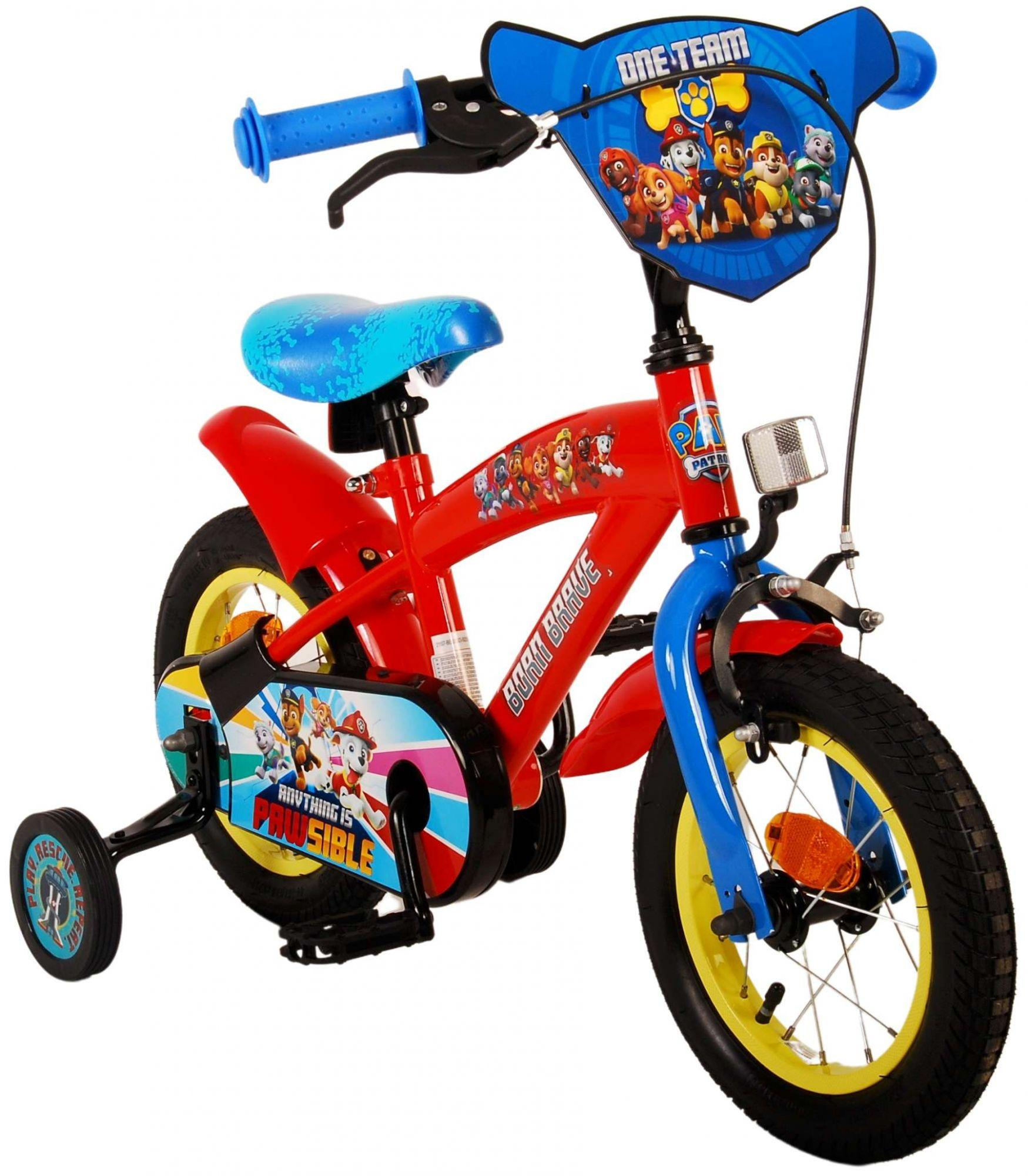 Rotes Paw Patrol Kinderfahrrad mit blauen und gelben Akzenten, Stützrädern und Charakteren auf dem Rahmen.