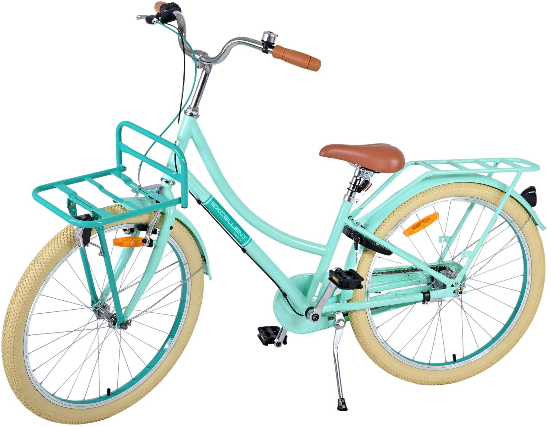 Minzgrünes Fahrrad mit Frontkorb, braunem Lenker und cremefarbenen Reifen. Weißer Hintergrund.