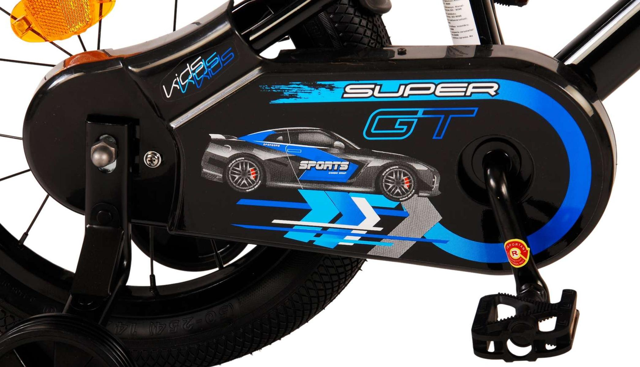 Schwarzer Fahrradkettenschutz mit Autografik und den Wörtern Super GT und Sports.