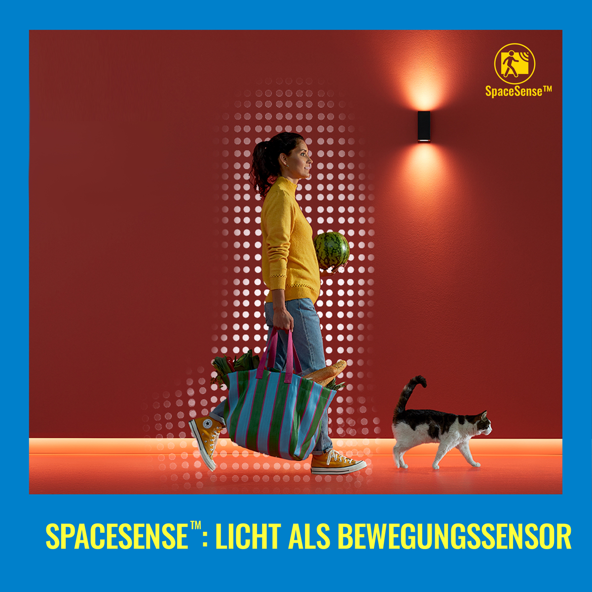 Kobieta niosąca zakupy, kot idący, oświetlony przez lampy ścienne na czerwonym tle.