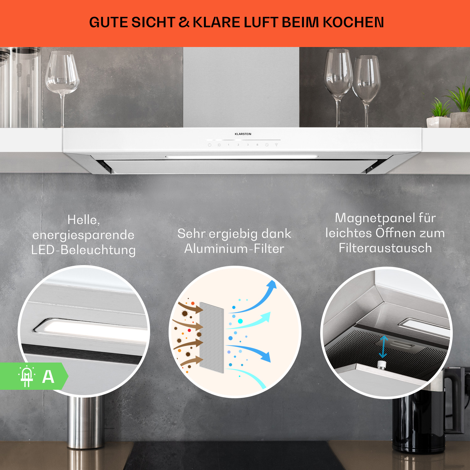 Küchen-Dunstabzugshaube mit drei Detailbildern zu Filter- und Lichtfunktionen.