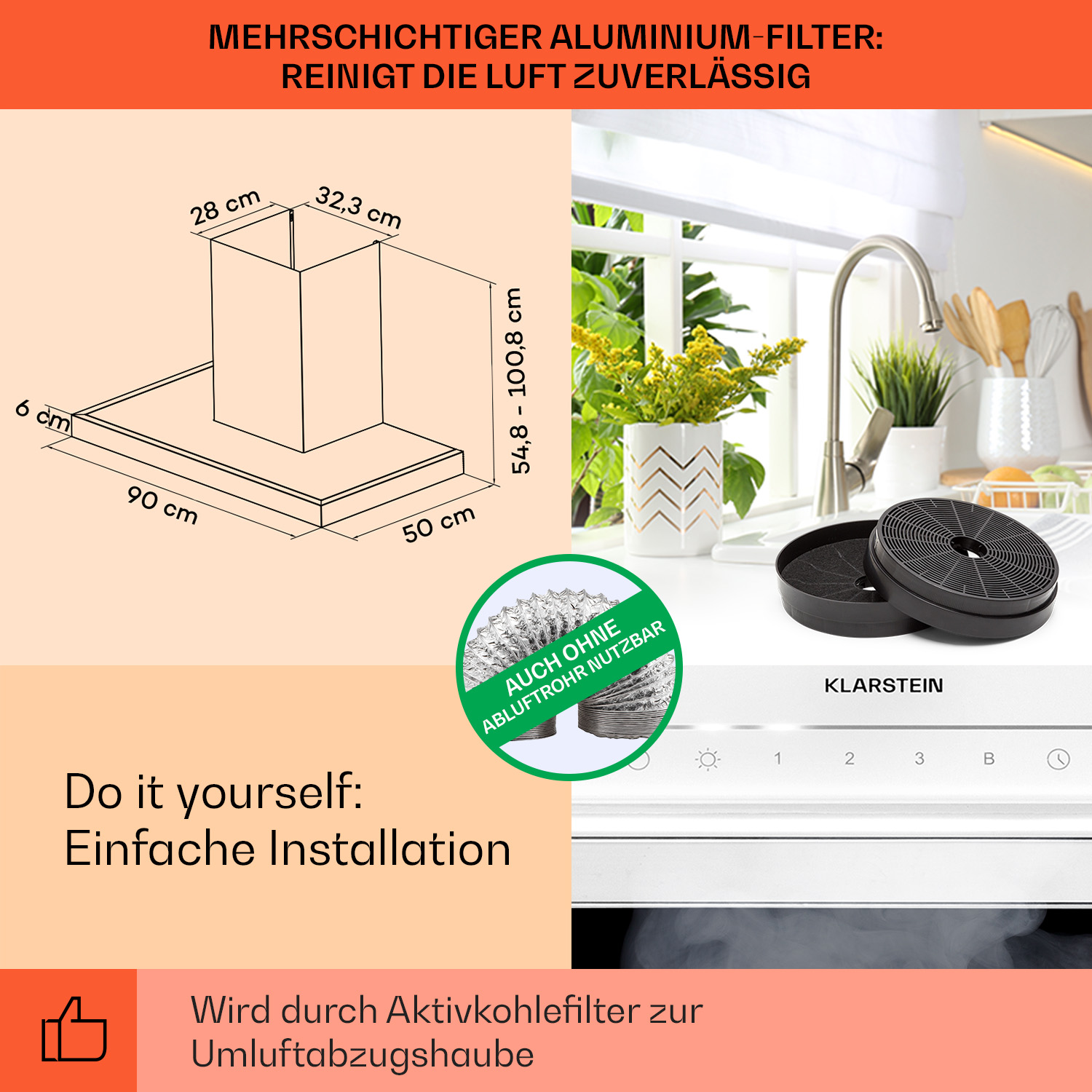 Diagramm einer Dunstabzugshaube mit Maßen. Enthält Aktivkohlefilter und Küchenaufbau.