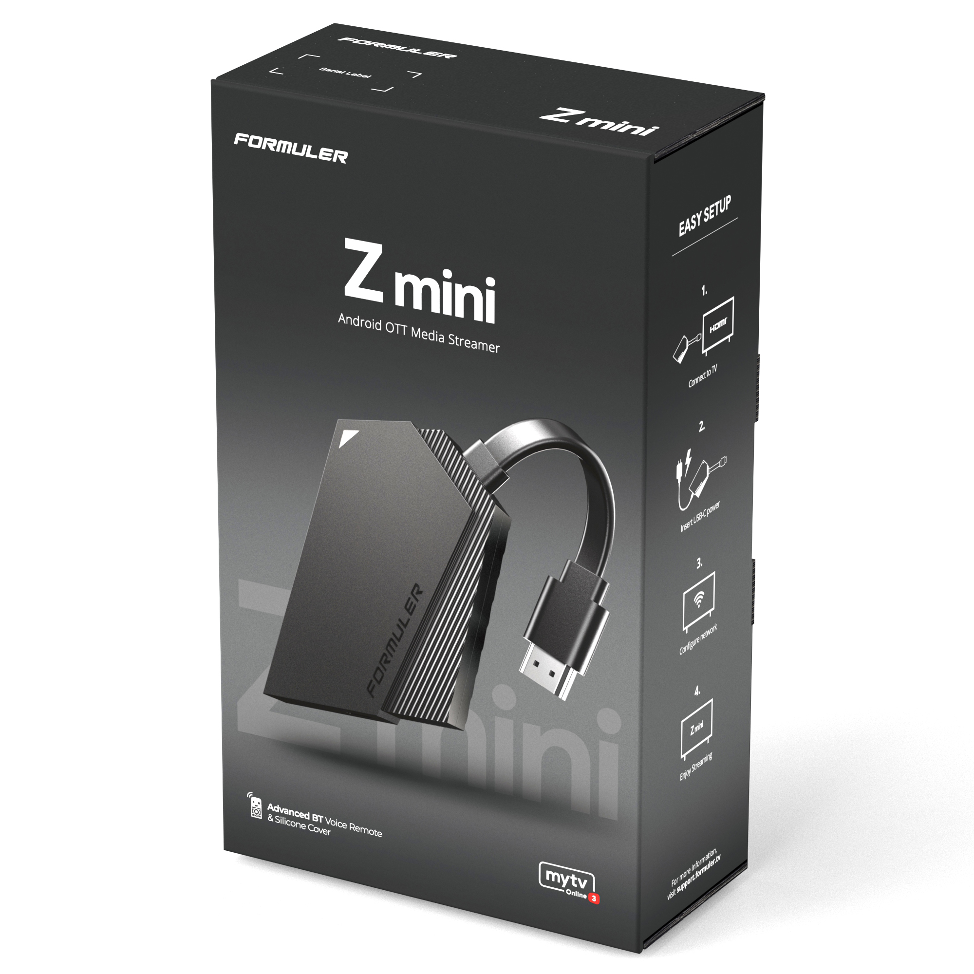 Eine schwarze Media-Streamer-Box mit einem schwarzen Gerät und einem HDMI-Kabel, auf weißem Hintergrund.