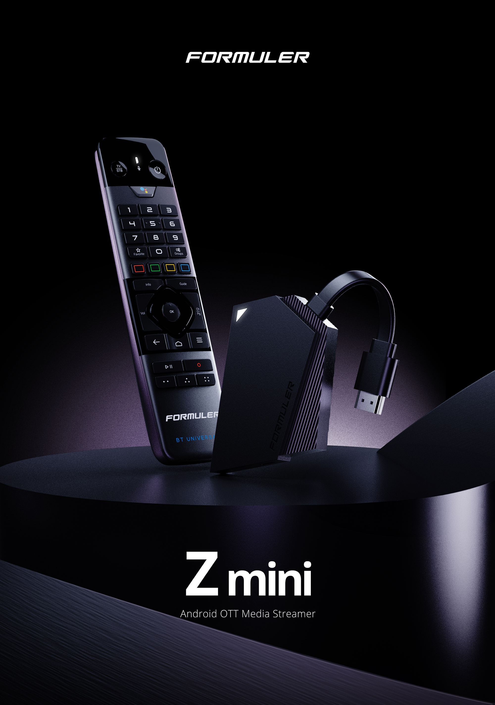 Schwarzer Formuler Z Mini Media-Streamer mit Fernbedienung auf einem Ständer.