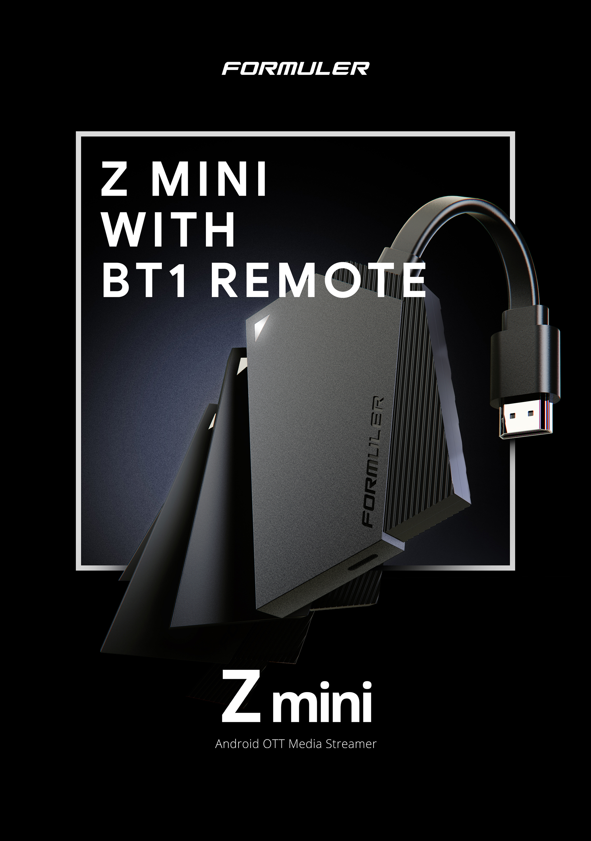 Schwarzer Media-Streamer mit Fernbedienung. Text auf der Box: Z MINI mit BT1 REMOTE. Marke: Formuler.