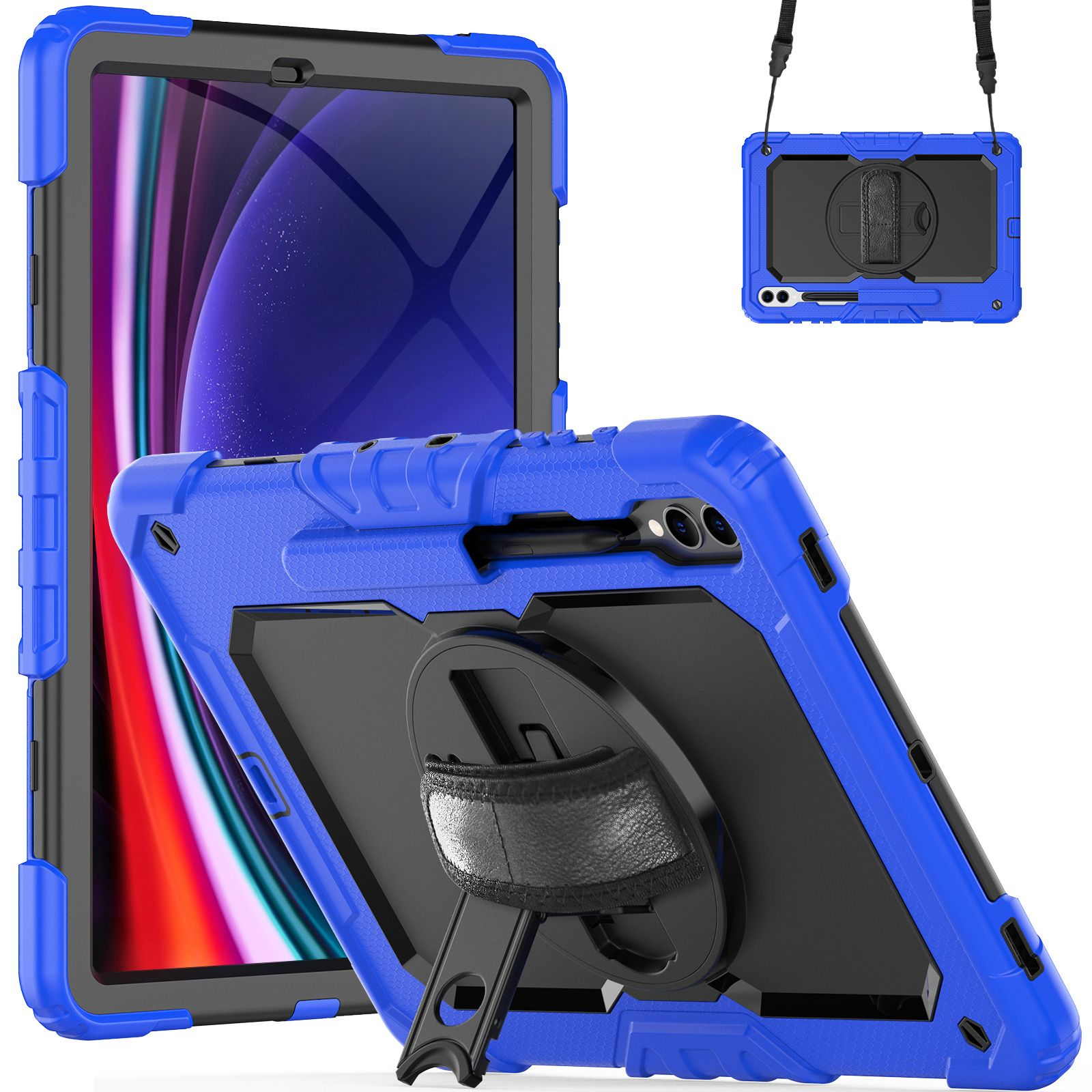 Eine blau-schwarze Tablethülle mit Ständer. Ein weiteres Tablet ist im Hintergrund.