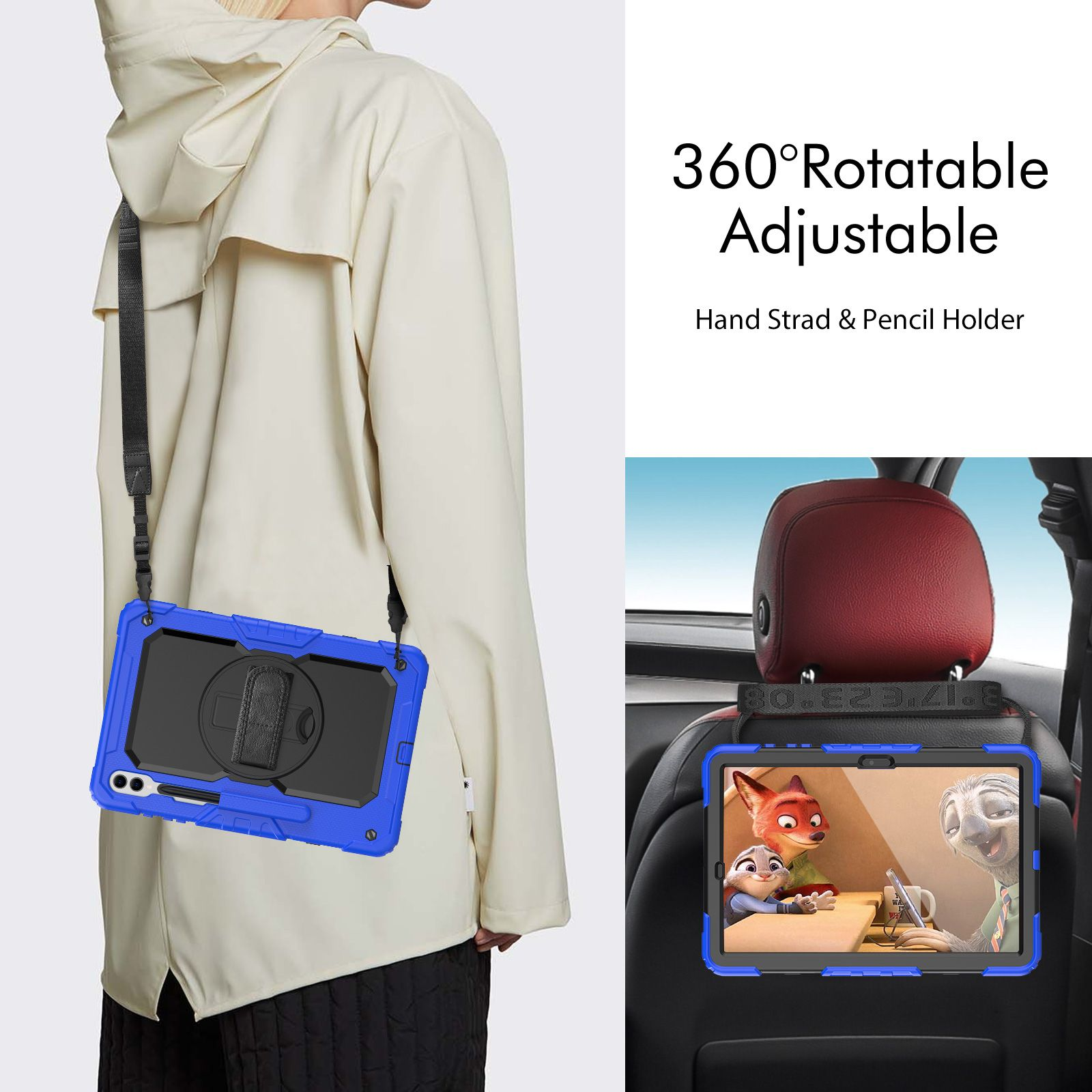 Blaue Tablethülle mit Riemen und Tablet in einer Kopfstütze im Auto.