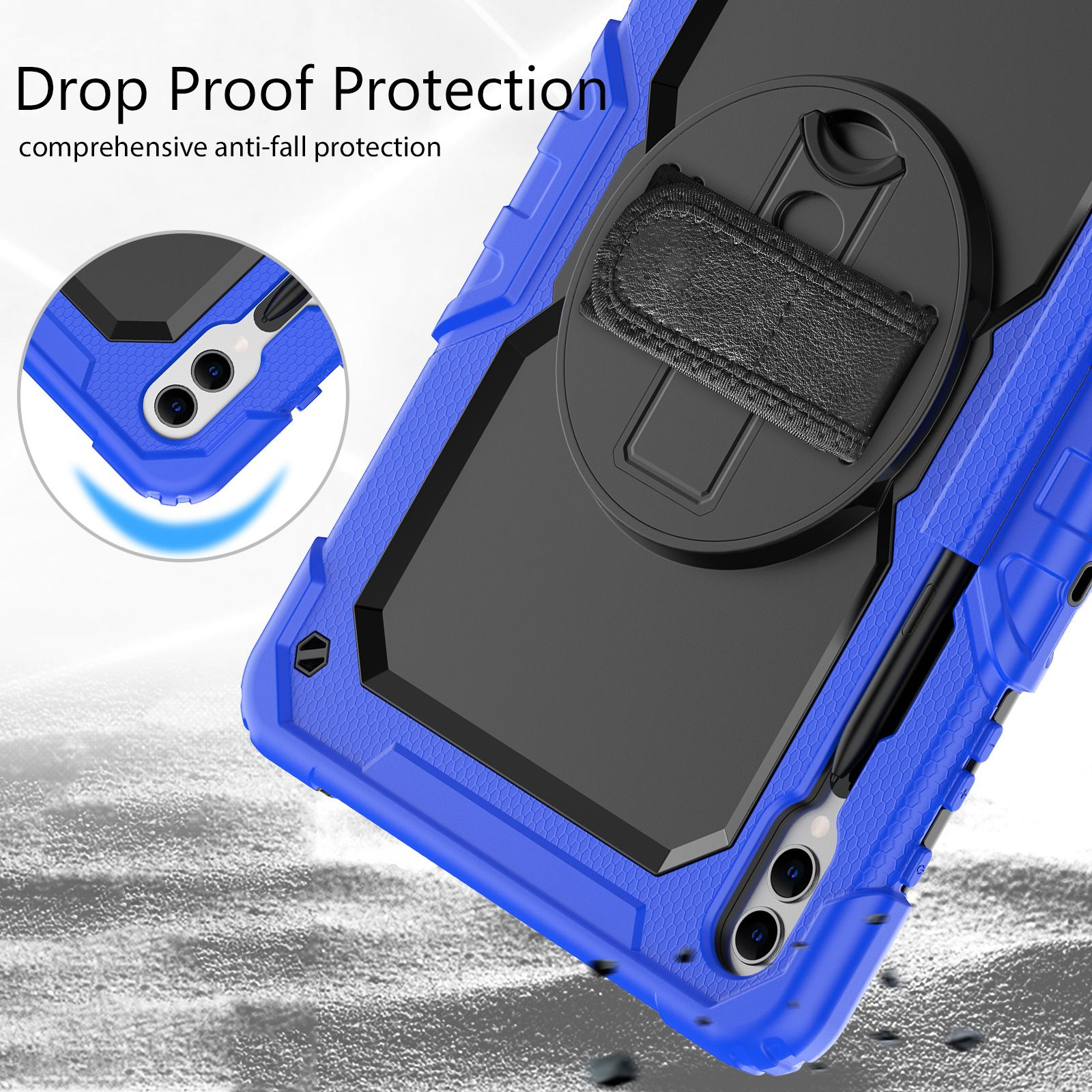 Blaue Tablet-Hülle mit schwarzem Griff, Stifthalter und Text 'Drop Proof Protection'.