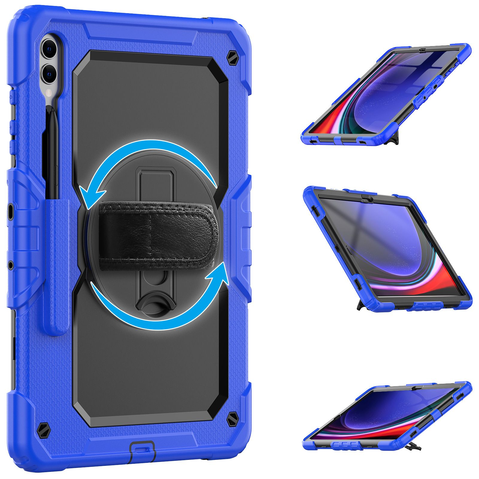 Blaue Tablethülle mit schwarzen und blauen Akzenten. Ein Stifthalter und eine schwarze Handschlaufe sind sichtbar.