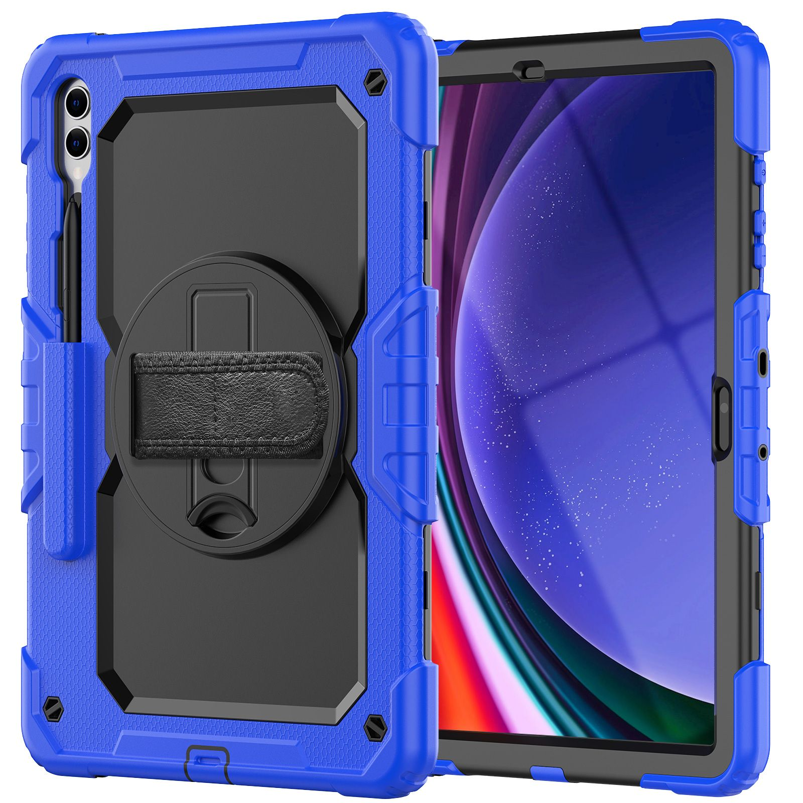 Blaue Tablethülle, mit schwarzer Rückseite und Stifthalter. Der Tablettbildschirm ist sichtbar.