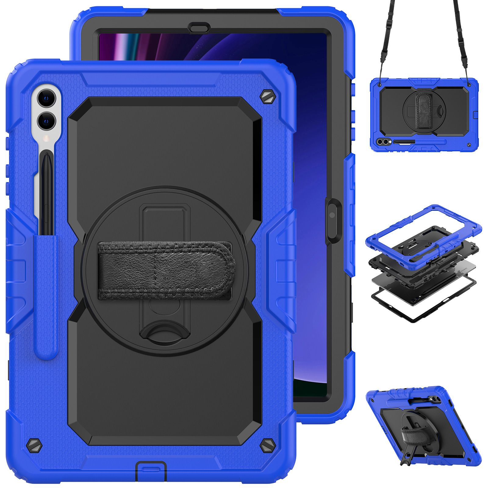 Blaue Tablethülle mit schwarzen Akzenten, Handschlaufe und Stifthalter. Mehrere Ansichten gezeigt.