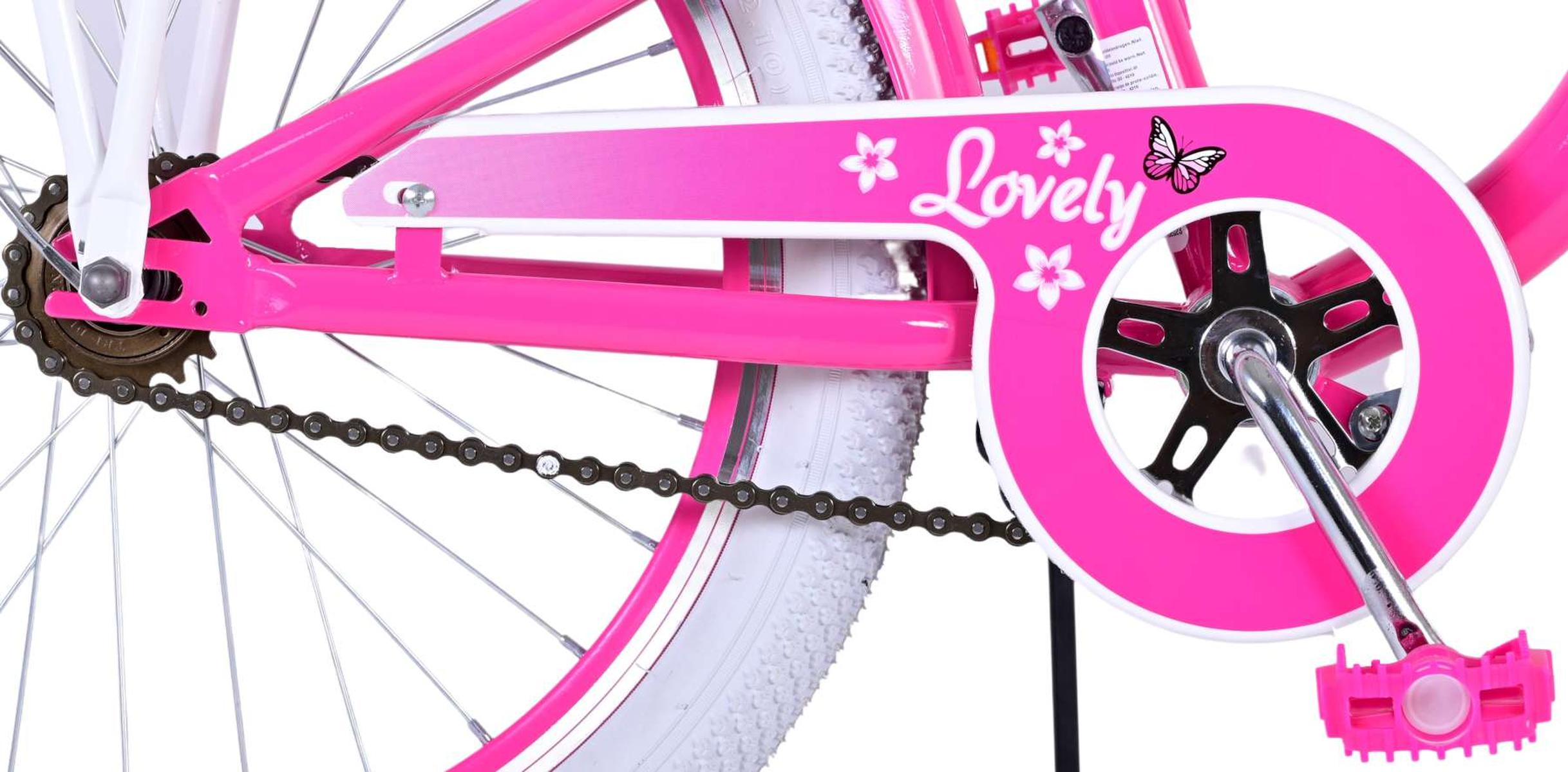 Rosafarbener Fahrrad-Kettenschutz mit 'Lovely'-Schriftzug, Schmetterlingsgrafik.