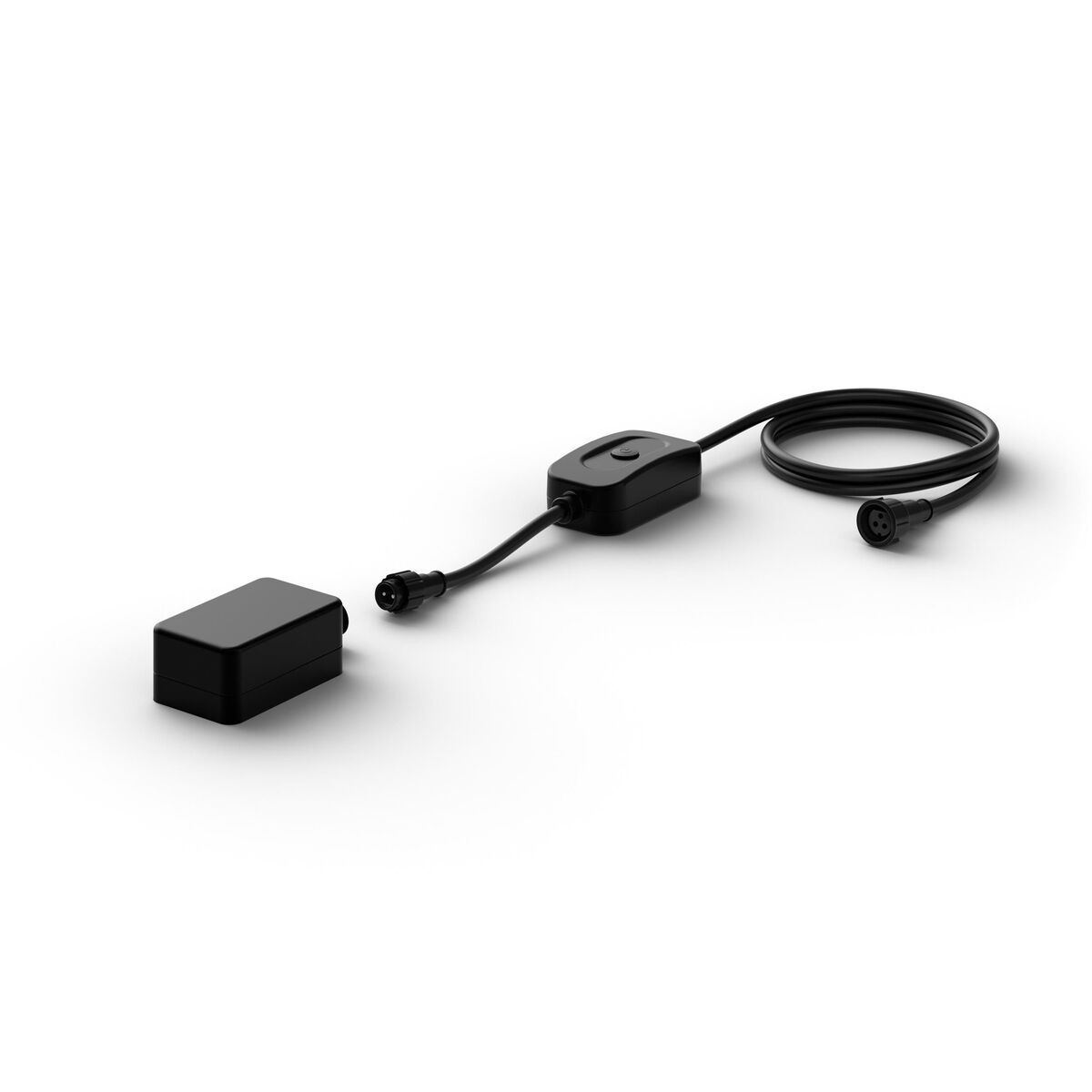 Black cable with a small box and a plug. The cable is connected to the plug, with a black box.
