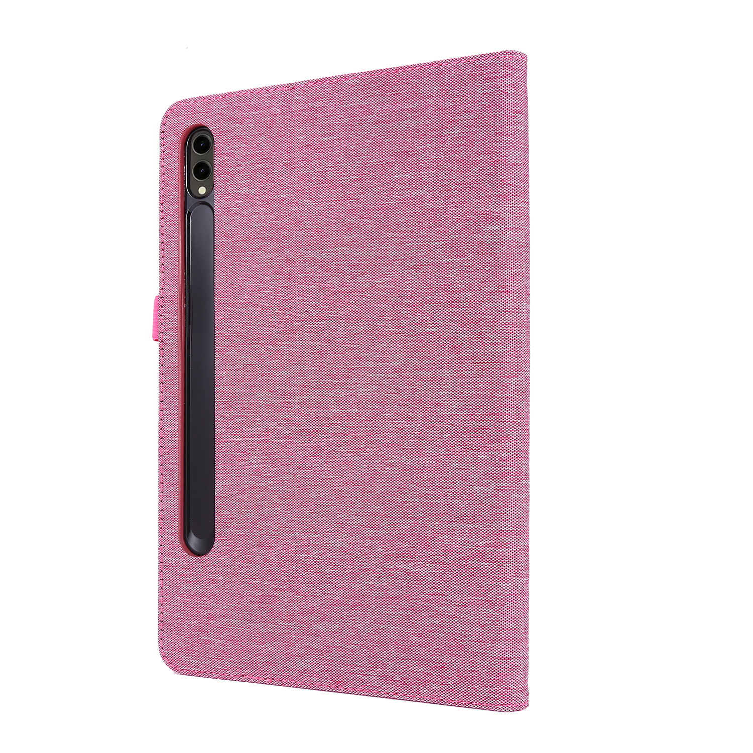 Tablet-Hülle. Rosa Stoffbezug mit schwarzem Stift. Weißer Hintergrund.