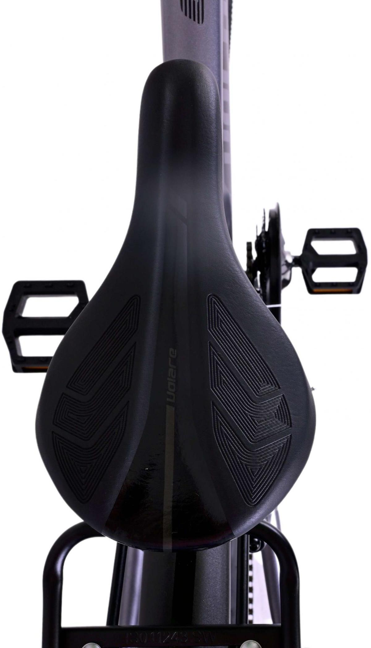 Ein Fahrradsattel mit schwarzem Design. Die Pedale und der Gepäckträger sind sichtbar.