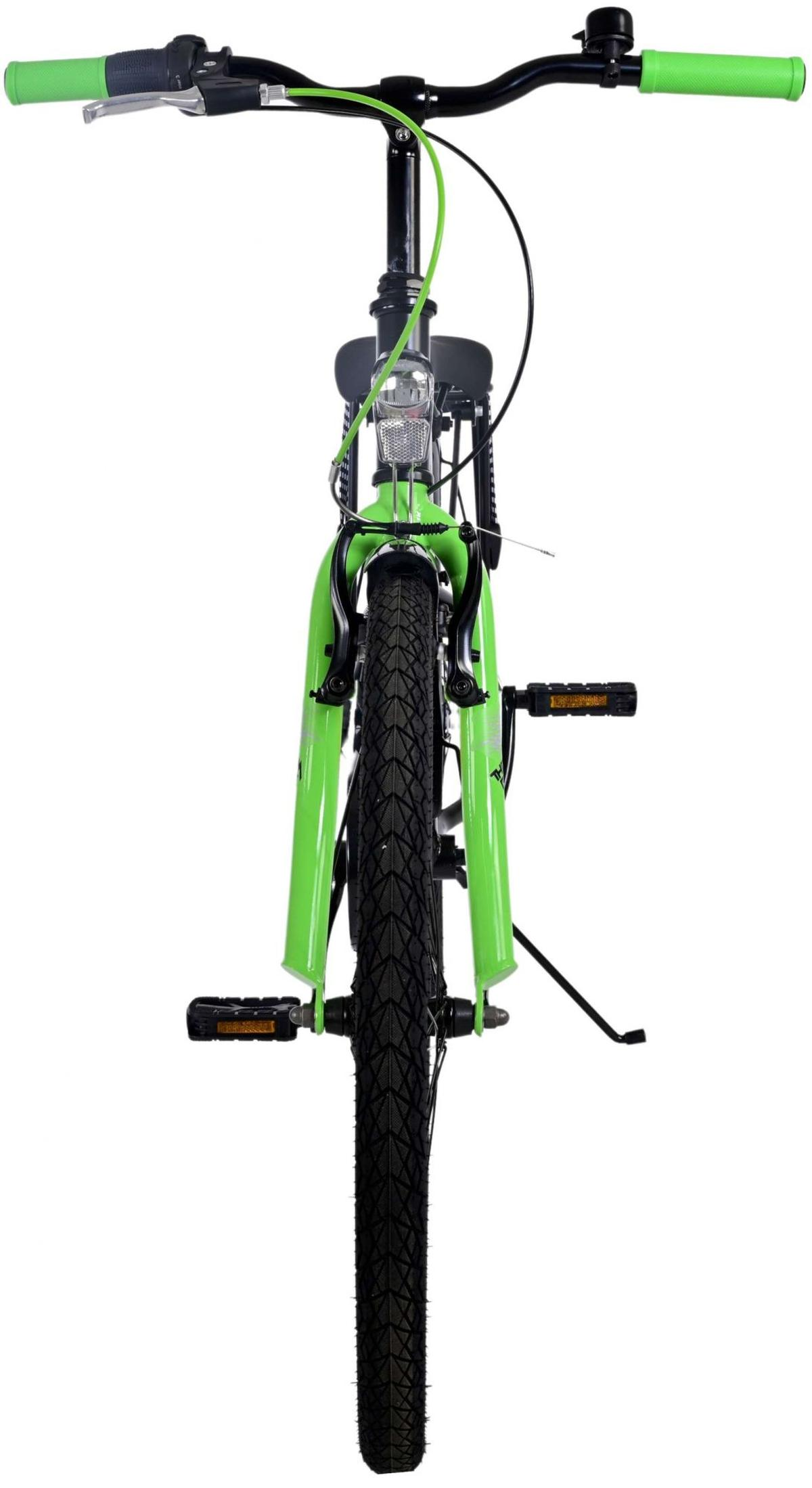 Ein grüner Fahrradlenker mit grünen Kabeln und einer schwarzen Klingel.