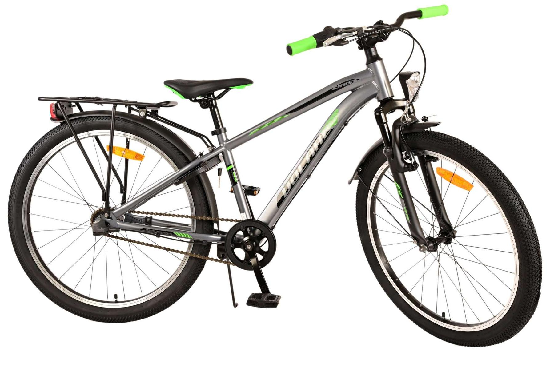Graues Fahrrad, Seitenansicht. Schwarze Reifen, Gepäckträger und grüner Akzent am Rahmen.
