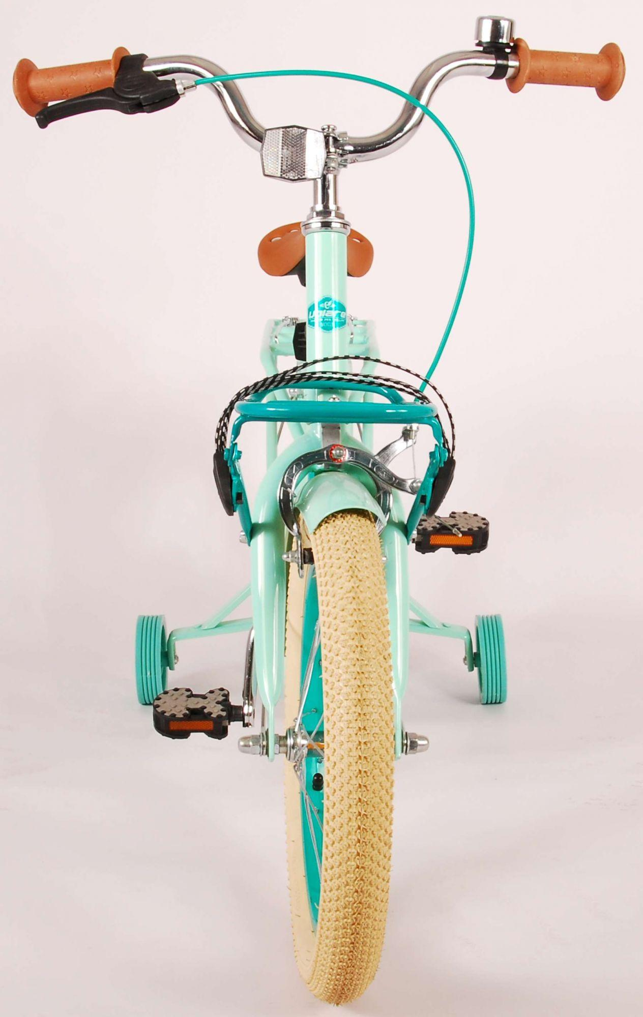 Minzgrünes Fahrrad. Beige Reifen, brauner Sattel, blaue Lenker. Weißer Hintergrund.
