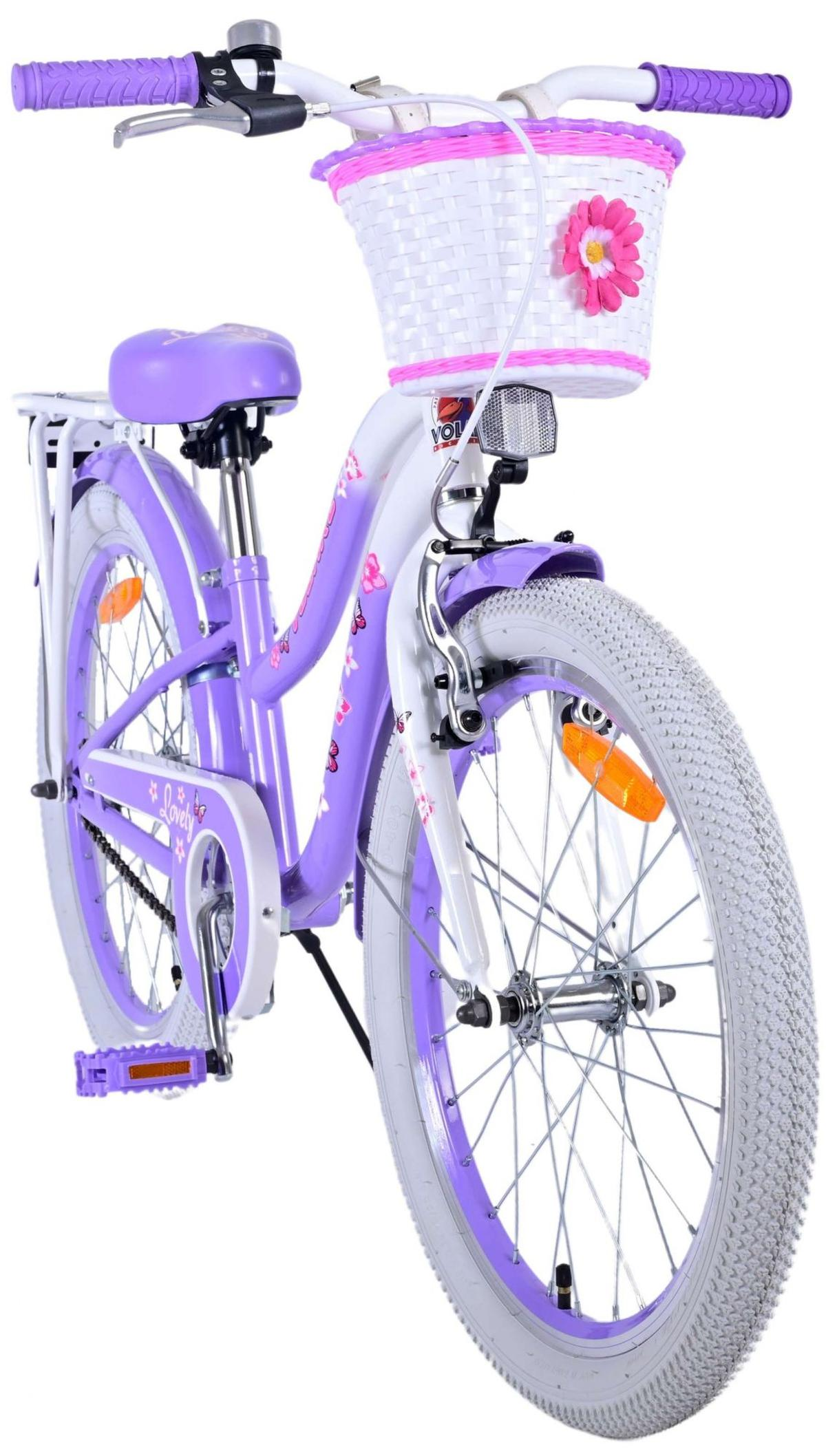 Lila Fahrrad mit Korb, Frontansicht. Weißer Hintergrund.