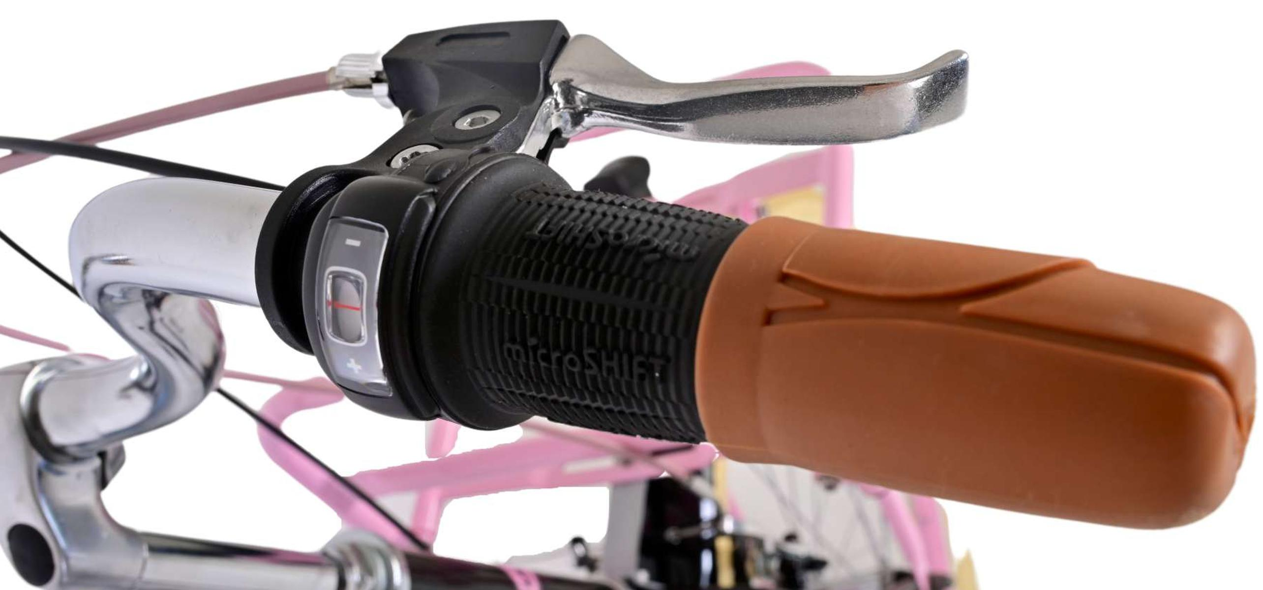 Nahaufnahme eines Fahrradgriffs mit braunem Griff, schwarzem Gangschalter und silbernem Lenker.