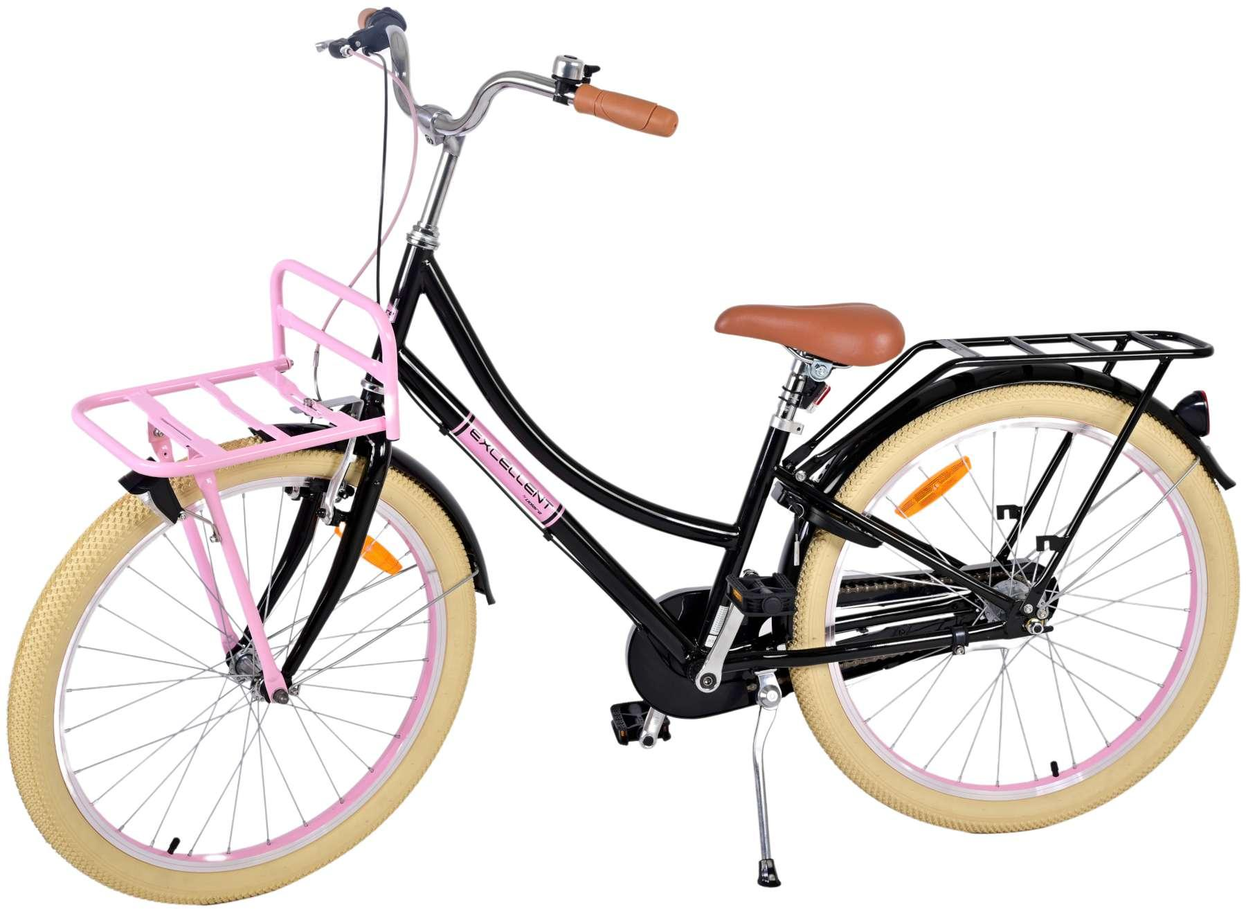 Schwarzes Fahrrad mit rosa Korb, Reifen und Akzenten, brauner Sitz und Chromlenker auf weißem Hintergrund.