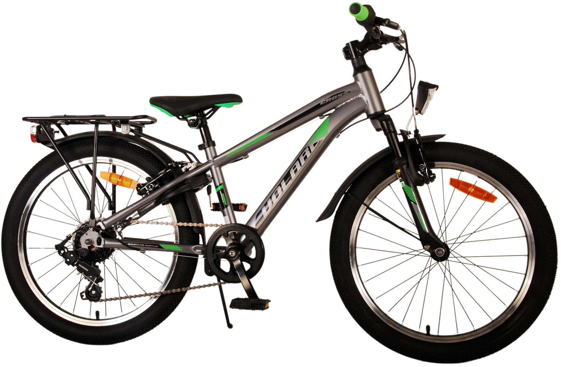 Graues Volare-Fahrrad auf weißem Hintergrund. Mit schwarzen Reifen und grünen Sitz- und Akzenten.