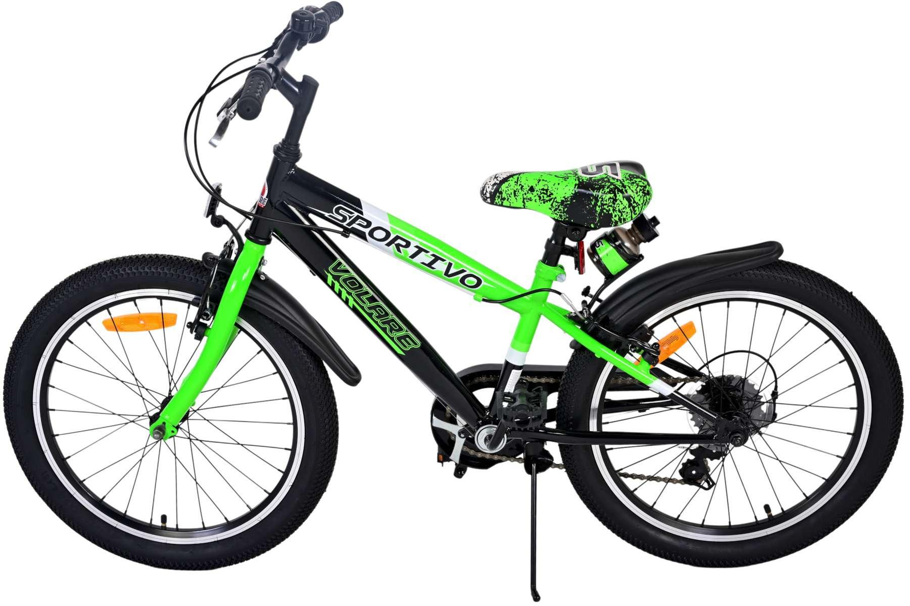 Grünes und schwarzes Kinderfahrrad mit grünen Akzenten. Das Wort "SPORTIVO" steht auf dem Rahmen.